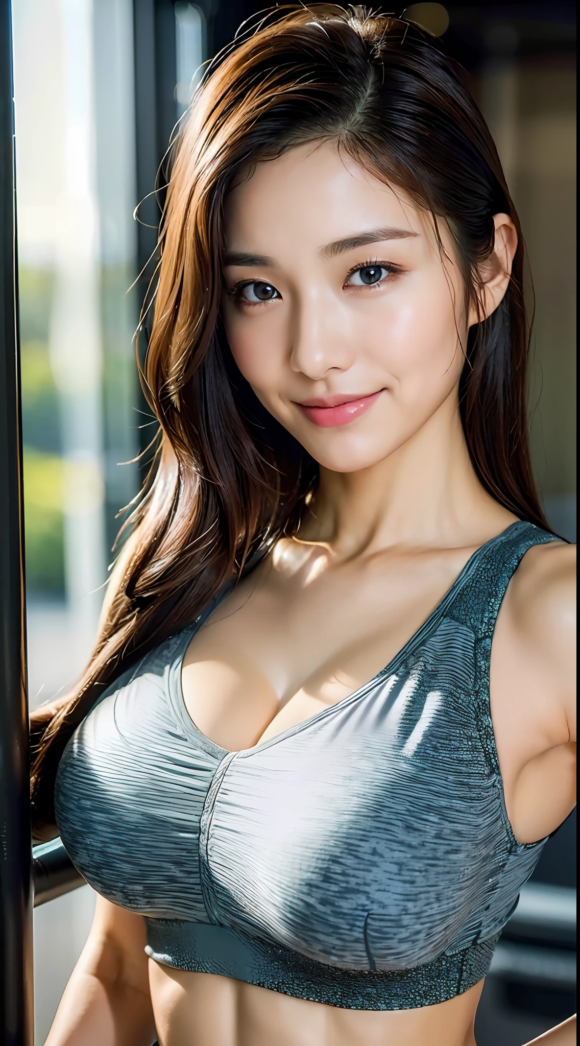 ((Top Quality, 8k, Masterpiece: 1.3)), 1 Girl, Beauty with Accentuated Slim Abs: 1.3, (Casual Hairstyle, Super Big: 1.2), Gym, Workout Wear: 1.2, Ultra Detail Face, Delicate Eyes, Double Eyelids, Soft Breasts, Smile, Ultra Exposed Cleavage