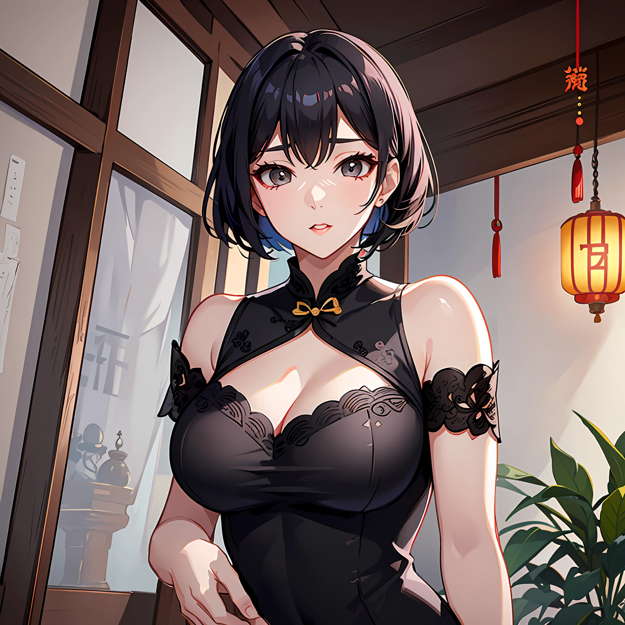 Standing posture, complete limbs, shoulder-length short hair, black hair, mature woman, slightly fat, breast enlargement, thin waist, off-the-shoulder cheongsam, Chinese style cheongsam, long cheongsam, tall figure, 8k picture quality