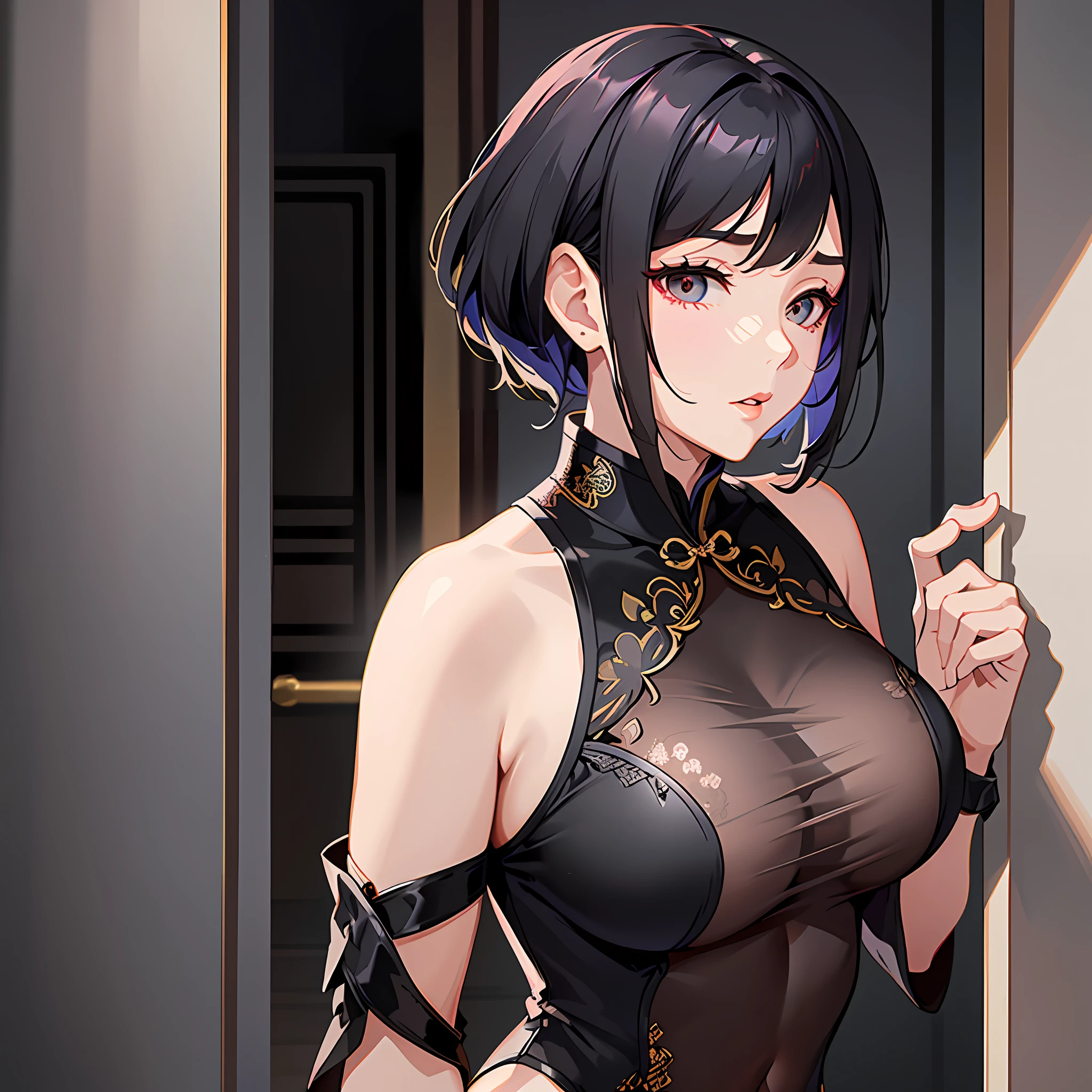 Standing posture, complete limbs, shoulder-length short hair, black hair, mature woman, slightly fat, breast enlargement, thin waist, off-the-shoulder cheongsam, Chinese style cheongsam, long cheongsam, tall figure, 8k picture quality
