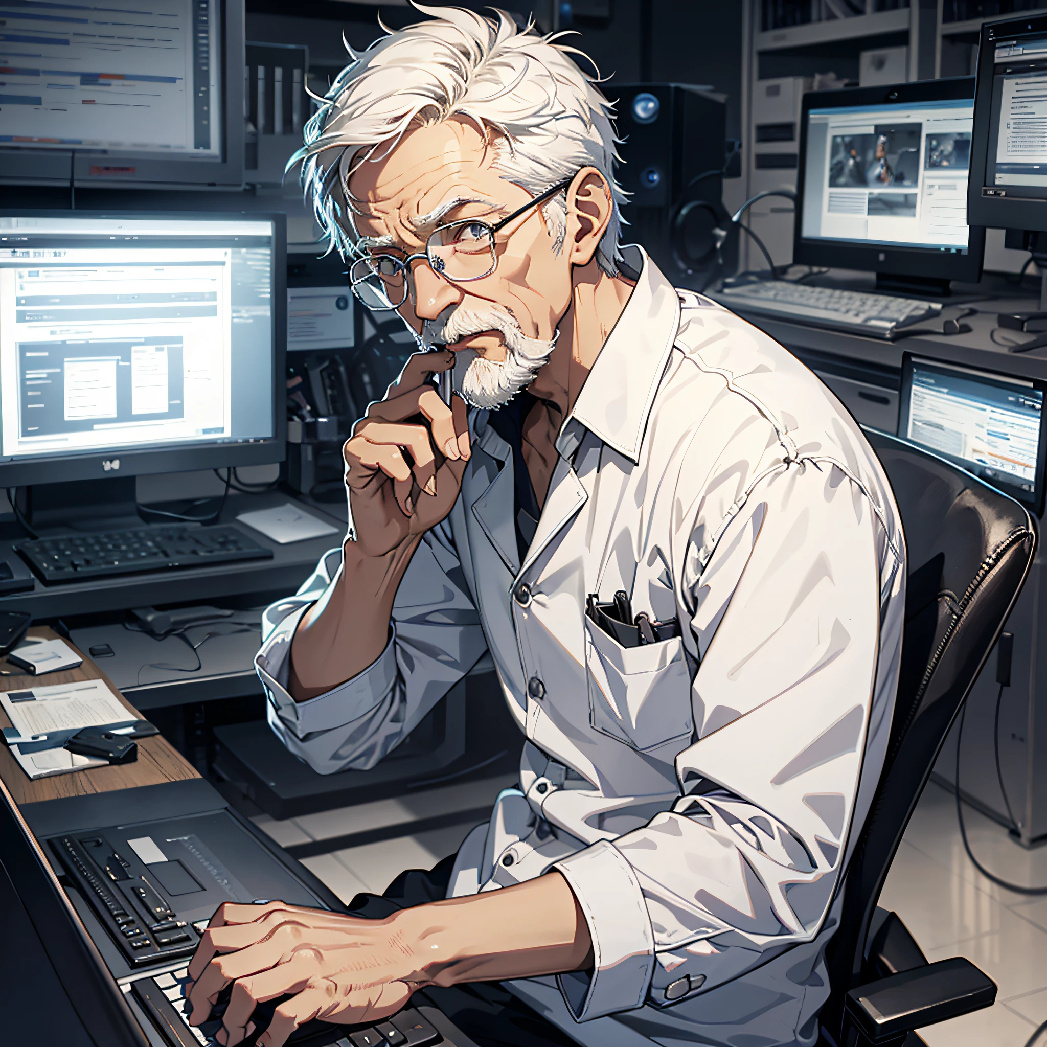 1 old man with short white hair dressed as a scientist, sitting in front of the computer to operate, looking at the computer, his expression surprised and shocked (1.2), his mouth opened wide (1.3), the background is a large scientific research institute with many large screens
