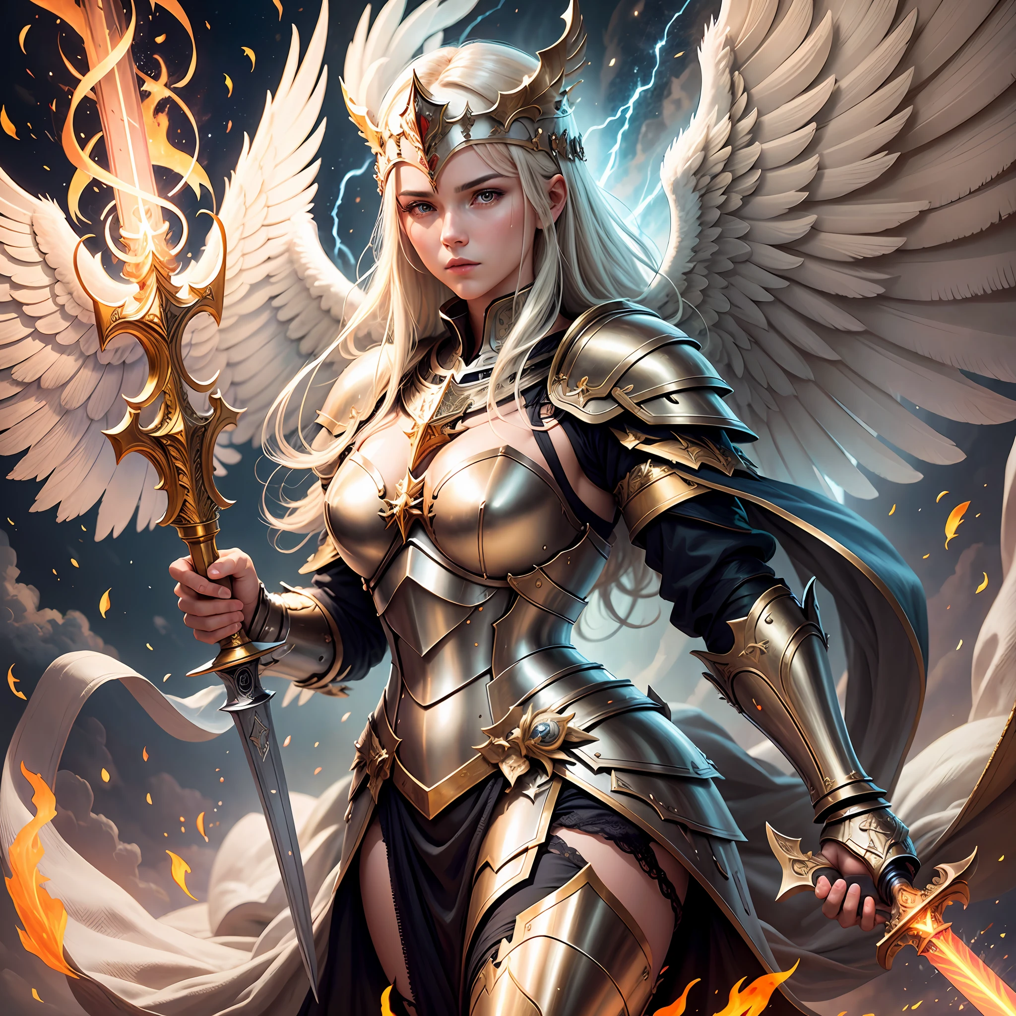 Guardian angel with armor, sword and the divine flame, amazing and impactful image, very detailed and flawless, 4K definition