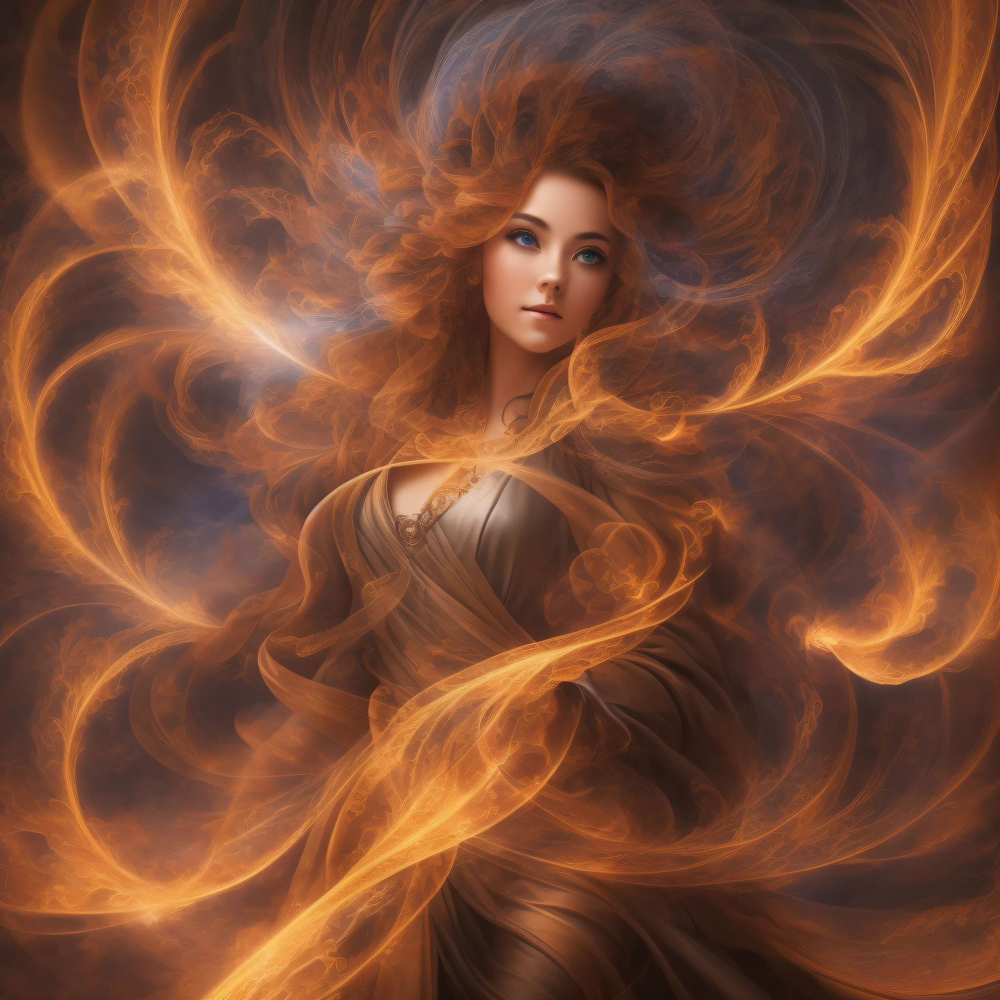 Generate fascinating images of the Wind Witch to captivate. Elements of flowing mystical robes, swirling air swirls, and a hint of magic in her eyes give off an aura of elegance. Photorealistic, Masterpiece, Top Quality, Super Detail, HDR, 8K