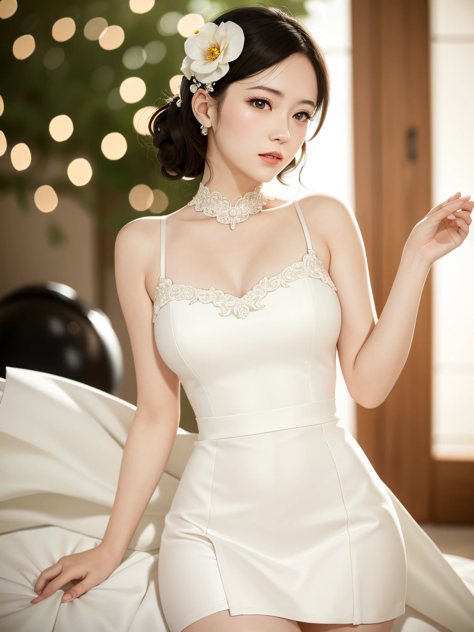 (sweat:0.7),Light yellow wedding dress,white short skirt,woman,japanese,exquisite face, beautiful face,bare shoulders,shoulders slightly exposed,translucent skin,black eyes,black hair,(photorealistic:1.4),realistic details, high resolution,bokeh,outstanding details
