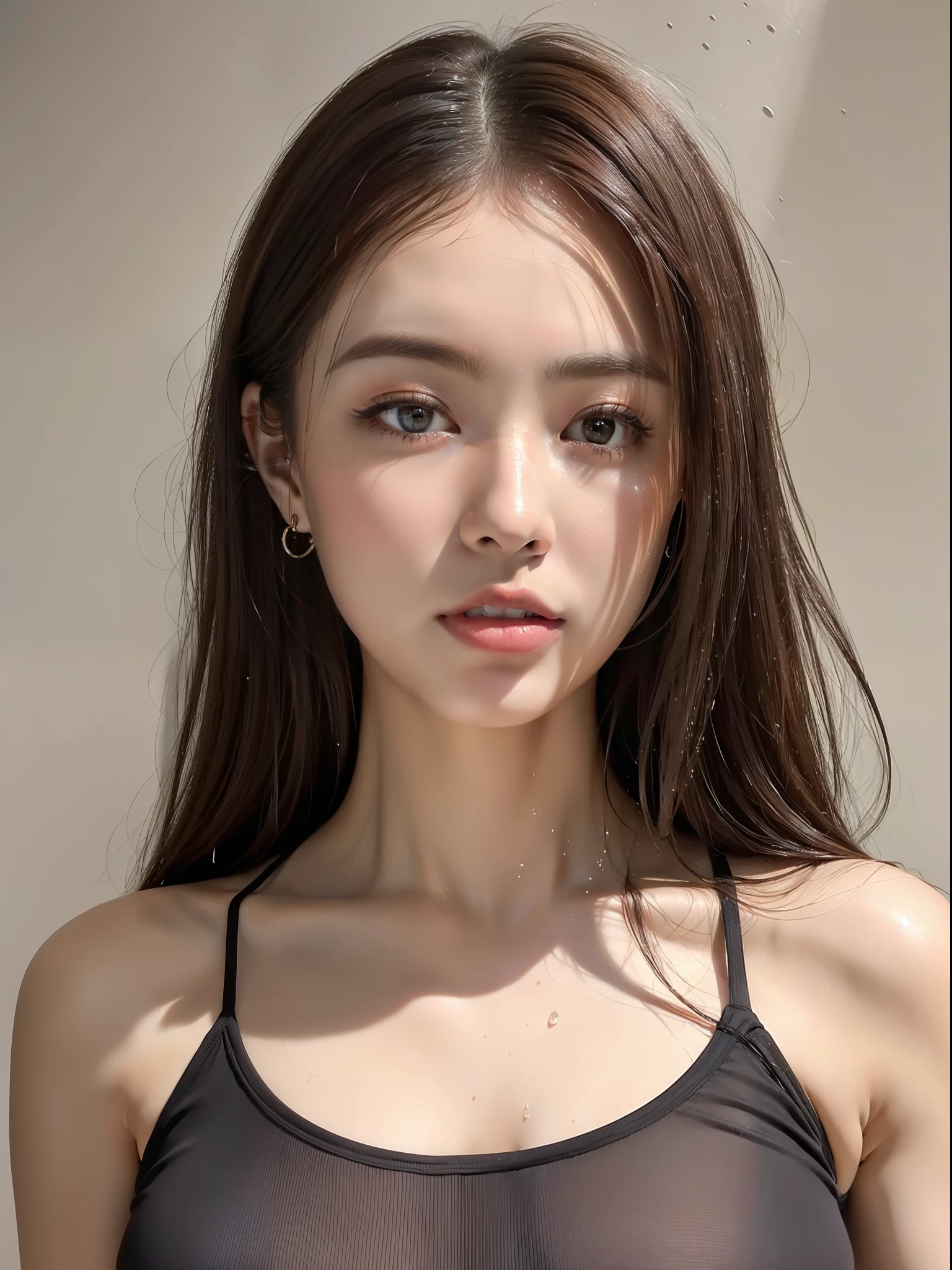 ((Top Quality, 8k, Masterpiece: 1.3)), Beautiful Girl, 1 Woman, Colossal: 1.3, Slender Figure: 1.1, Toned Body, Dark Brown Hair, (shower, Wet Body, Wet Clothes: 1.1), Ultra-Detailed Face, Detailed Lips, Detailed Eyes, Double Eyelids, Sheer Tank Top