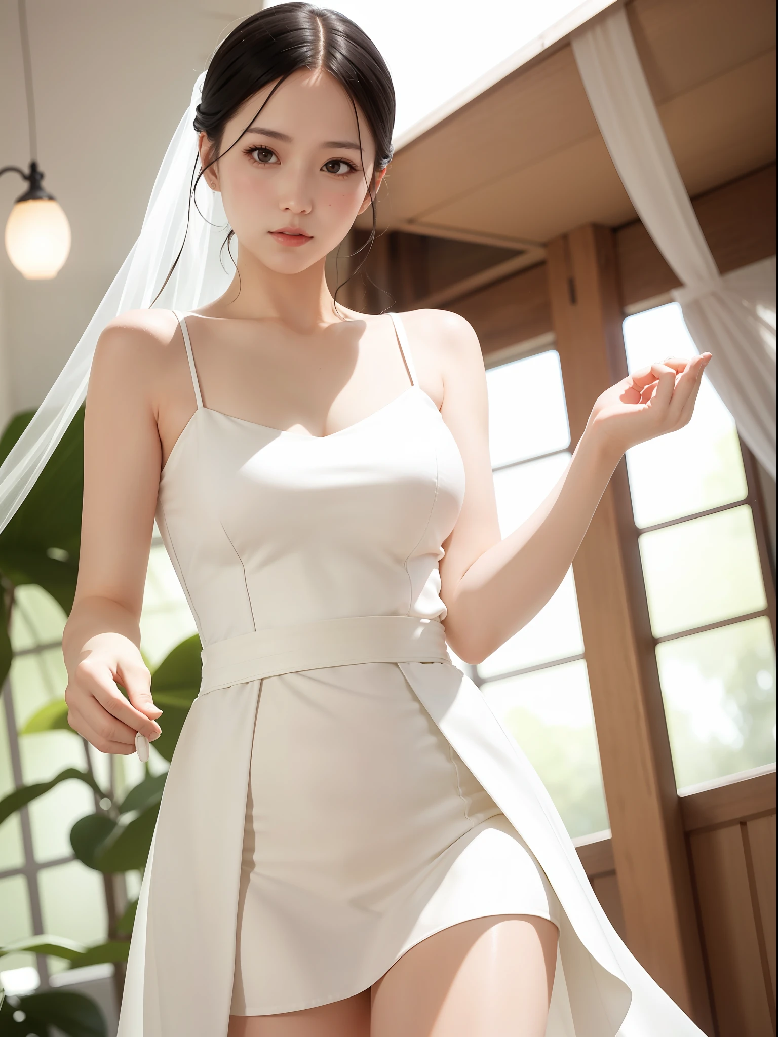 (sweat:0.7),Light yellow wedding dress,white short skirt,woman,japanese,exquisite face, beautiful face,bare shoulders,shoulders slightly exposed,translucent skin,black eyes,black hair,(photorealistic:1.4),realistic details, high resolution,bokeh,outstanding details