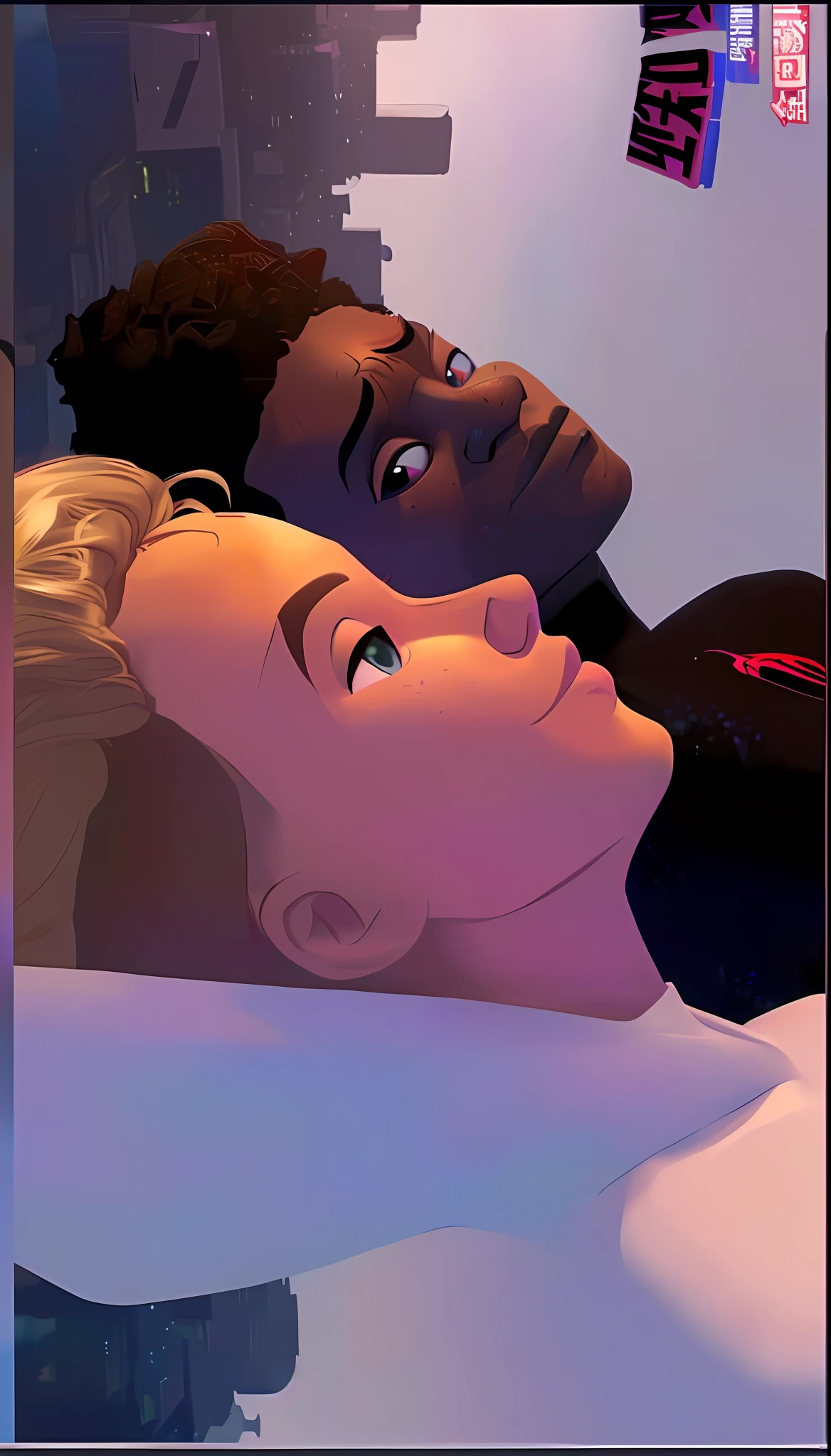 there is a cartoon picture of a man and a woman laying in bed, into the spiderverse, into the spider verse, donald glover as miles morales, nick silva and ilya kuvshinov, ross tran and ilya kuvshinov, love death and robots, spiderverse, animated film, miles morales, spider - verse art style, loish and ross tran