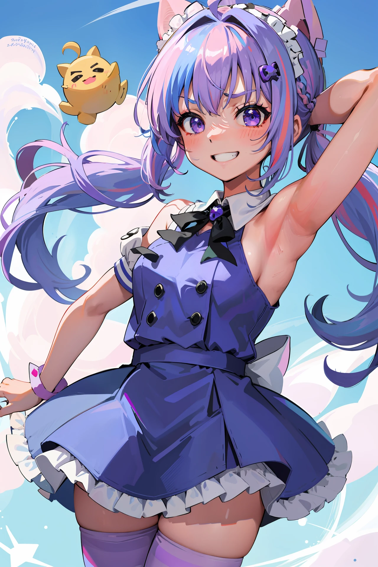 masterpiece, top quality, high resolution, 1girl, virtual youtuber, minatoaqua, long hair, multicolored hair, dress, twin tails, maid headdress, colored inner hair, purple eyes, anchor symbol, blue hair, bow, two-tone hair, short sleeves, braid, blue dress, wrist cuff, ribbon, bangs, drill hair, blue nails, twin drills, puffy short sleeves, Hair Ribbon, Purple Hair, Puffy Sleeves, Ahoge, Ankle Cuffs, Dress Bow, Maid, Ruffles, Nail Polish, Striped Hair, White Bow, Big, Cowboy Shot, Smile, Minato Akua, Erotic, Breasts,, Naked, Naked, Panty Shot, Pants, Twin Tails,, Tank Top, Sweat, Armpits, Striped Pants