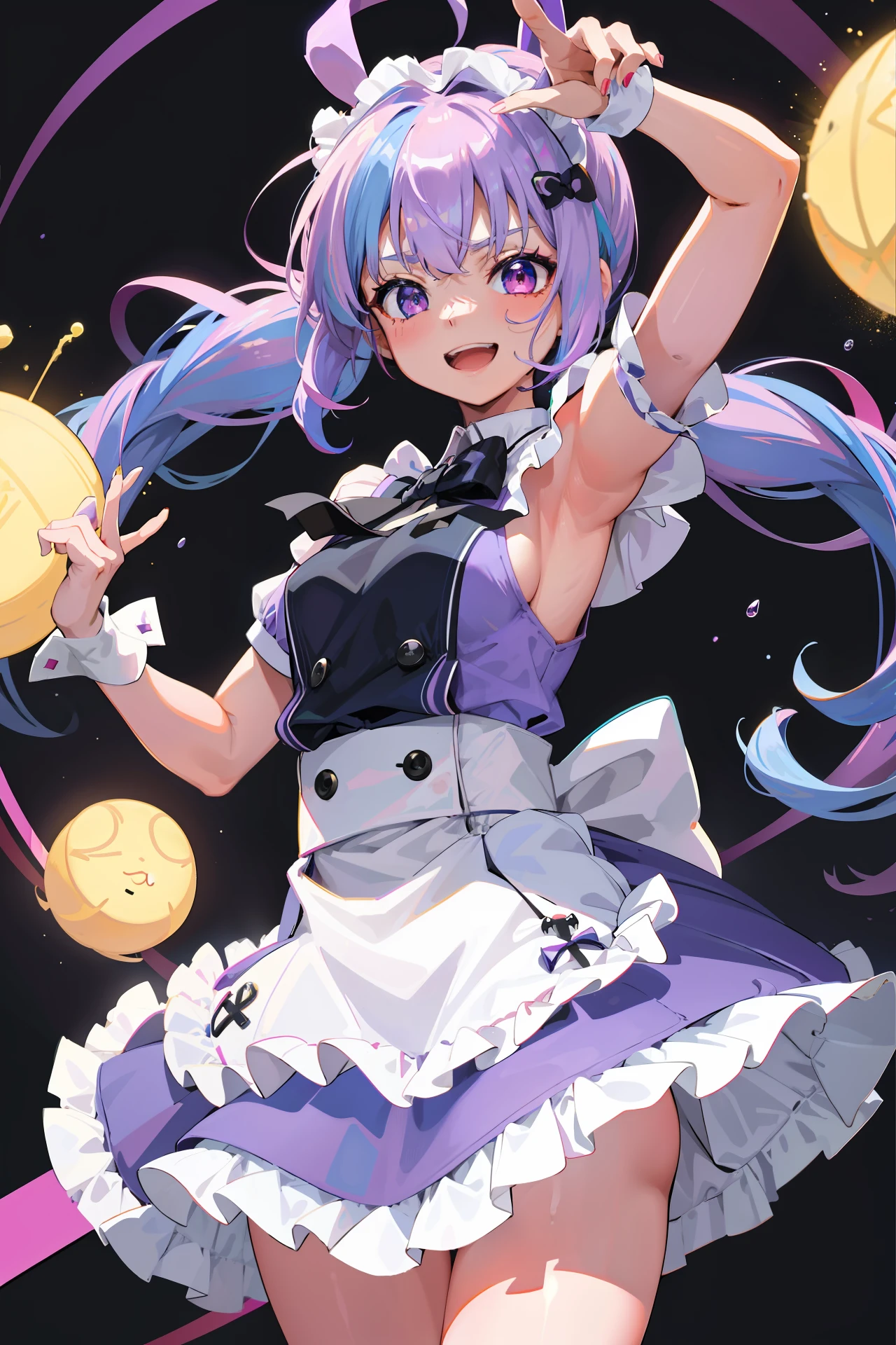 masterpiece, top quality, high resolution, 1girl, virtual youtuber, minatoaqua, long hair, multicolored hair, dress, twin tails, maid headdress, colored inner hair, purple eyes, anchor symbol, blue hair, bow, two-tone hair, short sleeves, braid, blue dress, wrist cuff, ribbon, bangs, drill hair, blue nails, twin drills, puffy short sleeves, Hair Ribbon, Purple Hair, Puffy Sleeves, Ahoge, Ankle Cuffs, Dress Bow, Maid, Ruffles, Nail Polish, Striped Hair, White Bow, Big, Cowboy Shot, Smile, Minato Akua, Erotic, Breasts,, Naked, Naked, Panty Shot, Pants, Twin Tails,, Tank Top, Sweat, Armpits, Striped Pants