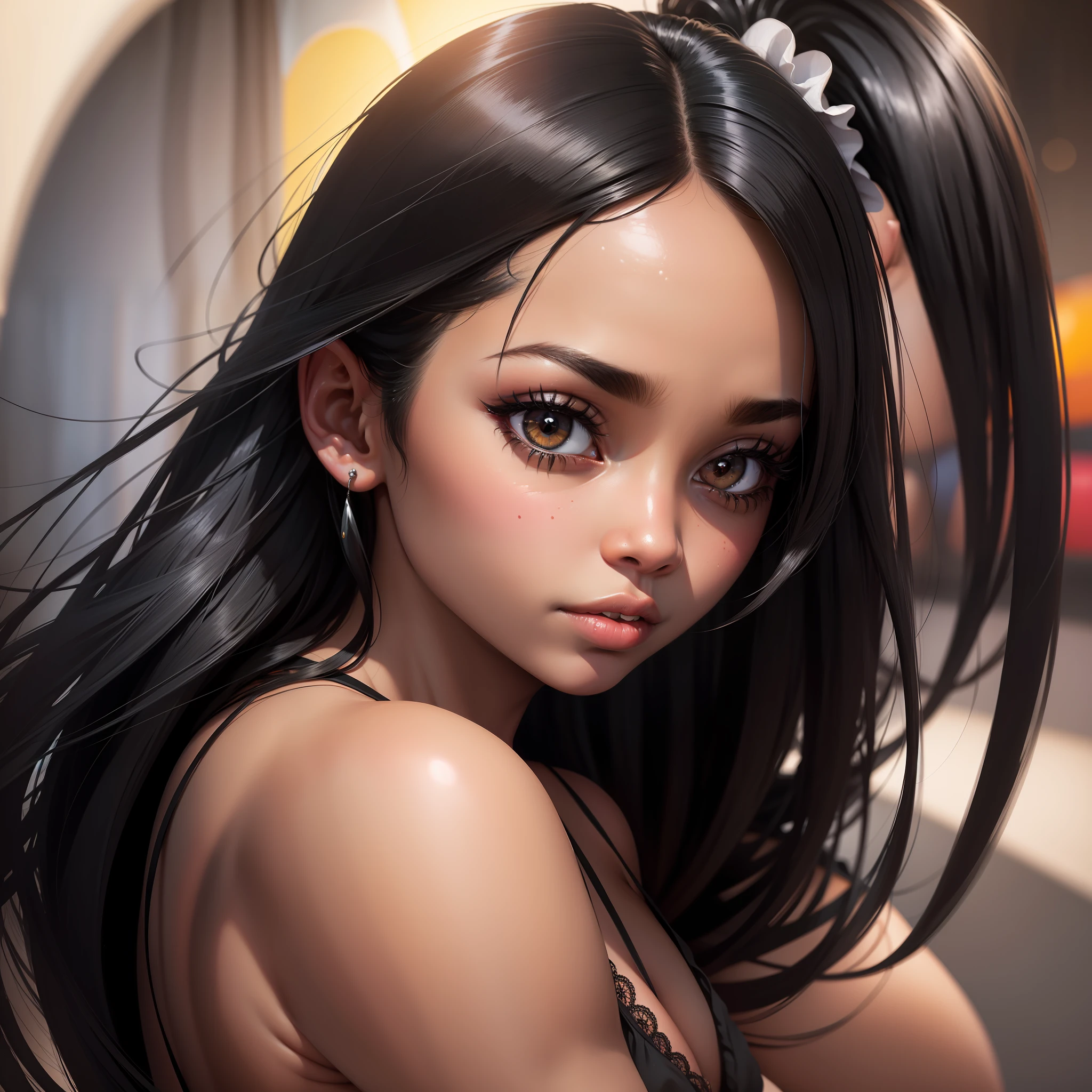 uma mulher negra linda, black hair, mismatched pupils, Surrealism, modern, panorama, bokeh, HD