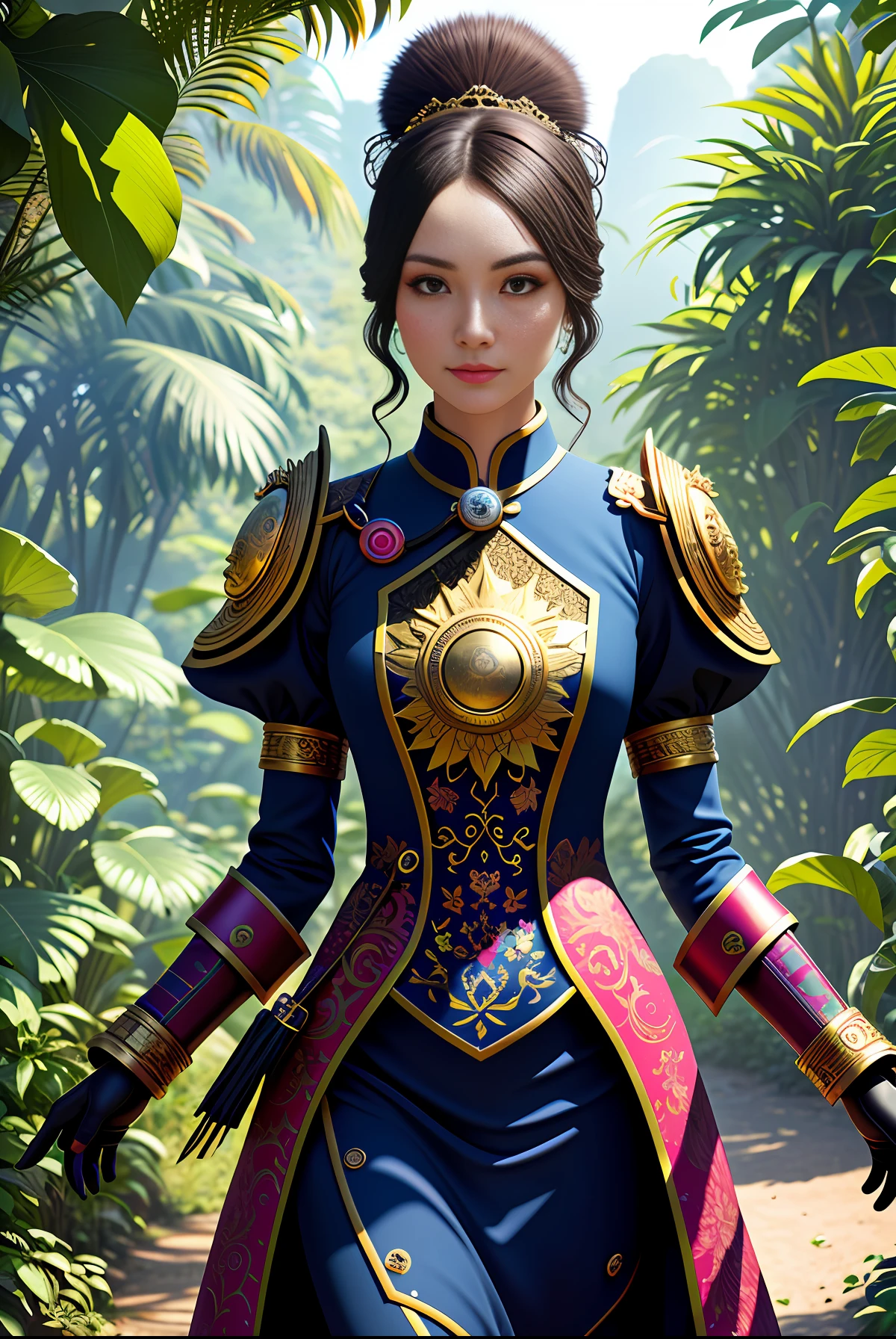 Chroma V5, nvinkpunk, gorgeous furs, intricate gorgeous cheongsam, (very detailed CG unity 8k wallpaper), majestic jungle landscape surrounded by lush pink foliage, award-winning photography, chromatic aberration, detailed, HDR, bloom, majestic oil painting, Thomas Cole, Frederick Church and Albert Bir Stadt, popular on art stations, popular on CGsociety, complex, highly detailed, dramatic, halfway art, (Original photo: 1.2), (realistic: 1.4), Beautiful detailed girl, extremely detailed eyes and face, beautiful delicate eyes, ridiculous, incredibly ridiculous, huge file size, super detailed, high resolution, extremely detailed, best quality, masterpiece, illustration, extremely refined and beautiful, very detailed, CG, unity, 8k wallpaper, amazing, fine details, masterpiece, best quality, official art, extremely detailed CG Unity 8k wallpaper, face light, Cinematic lighting