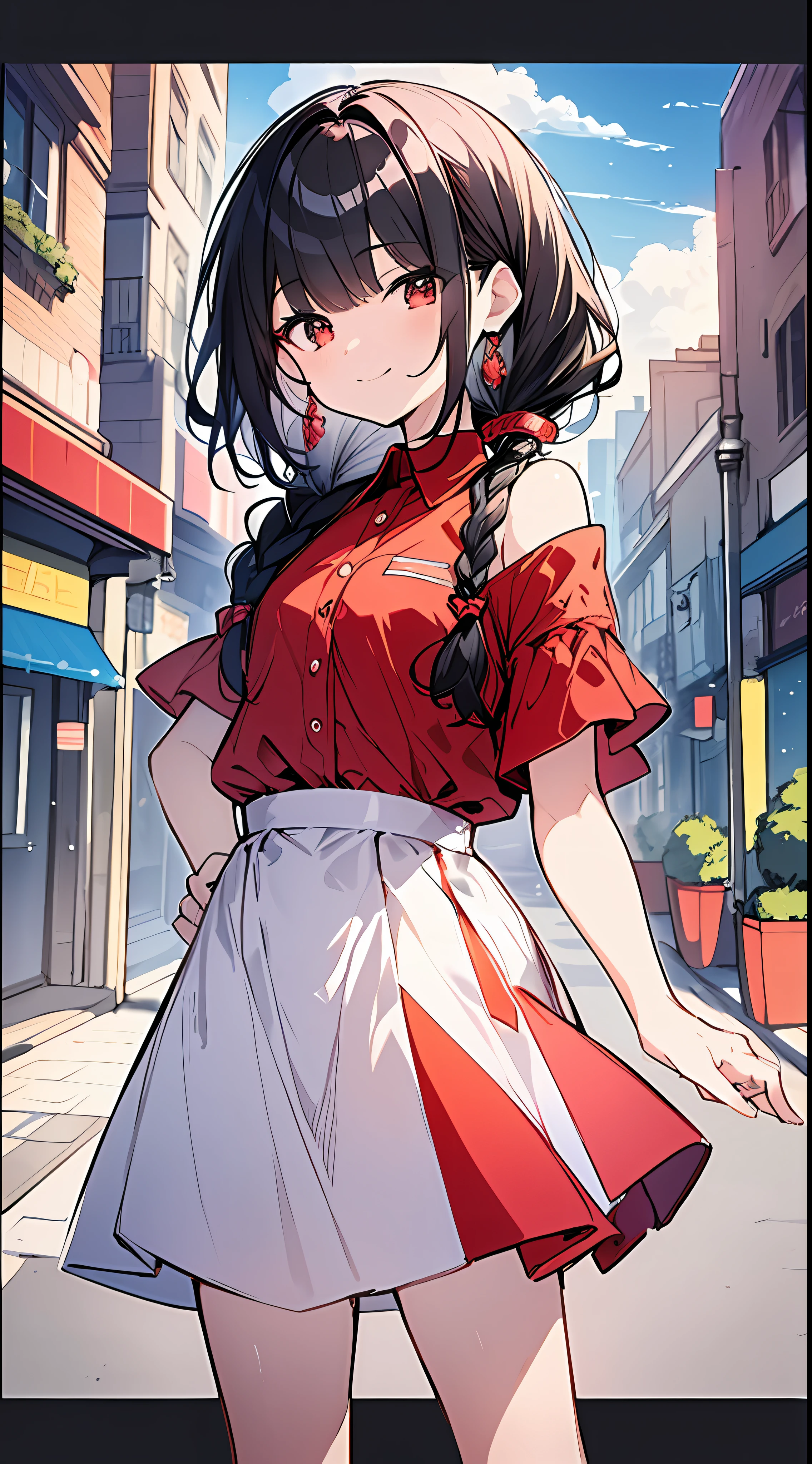Top Quality, Masterpiece, High Resolution, 8k, Luminous Red Shirt and Skirt Anime Style Small Loli, Single, Detailed Line Art, Bright White and Bright Amber Style, Digital Enhancement, Anime Core, Flowing Fabric, Close-up, Hair Length to Shoulder and Short Braid, Beautiful Black Hair, Smile, Looking Up Angle
