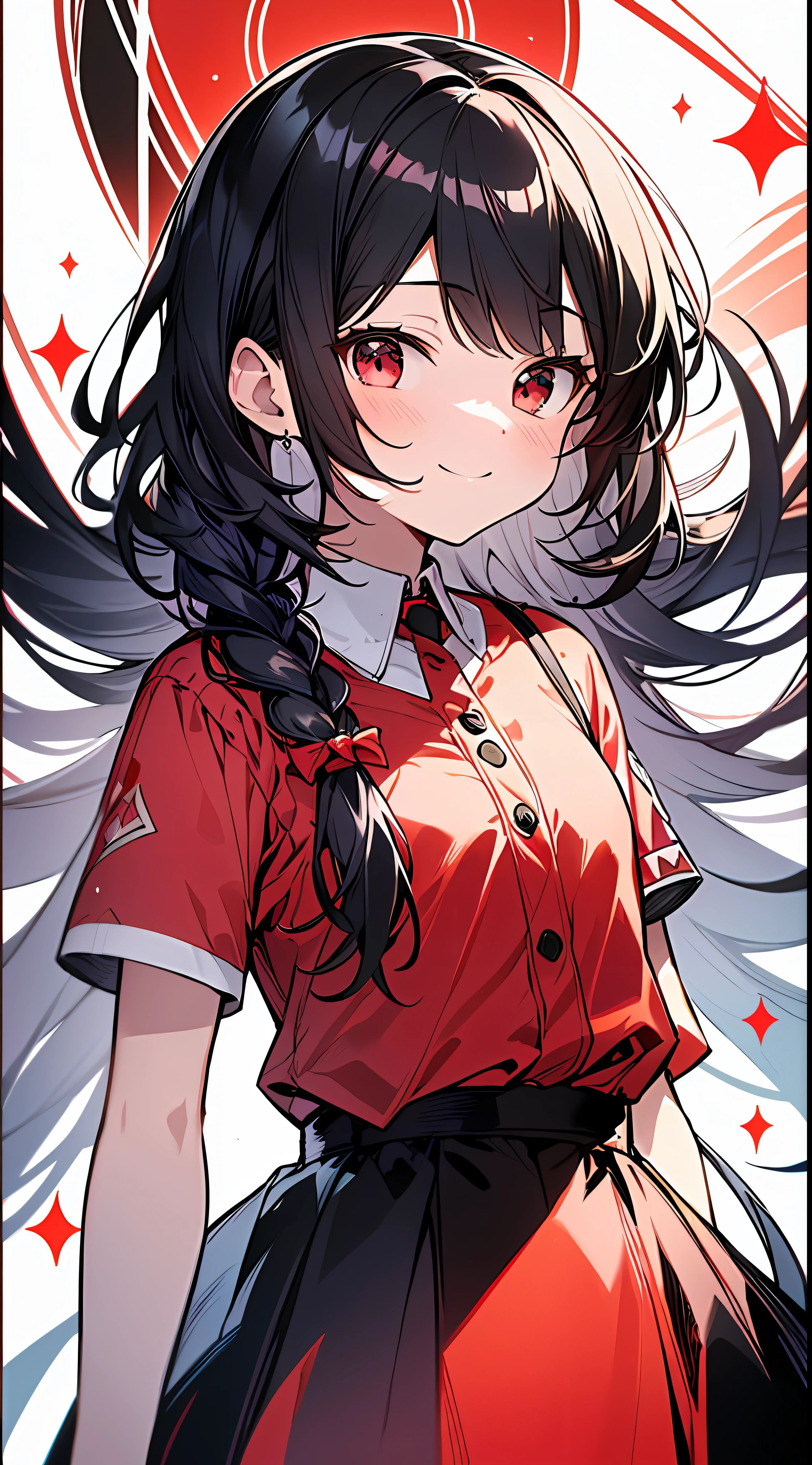 Top Quality, Masterpiece, High Resolution, 8k, Luminous Red Shirt and Skirt Anime Style Small Loli, Single, Detailed Line Art, Bright White and Bright Amber Style, Digital Enhancement, Anime Core, Flowing Fabric, Close-up, Hair Length to Shoulder and Short Braid, Beautiful Black Hair, Smile, Looking Up Angle