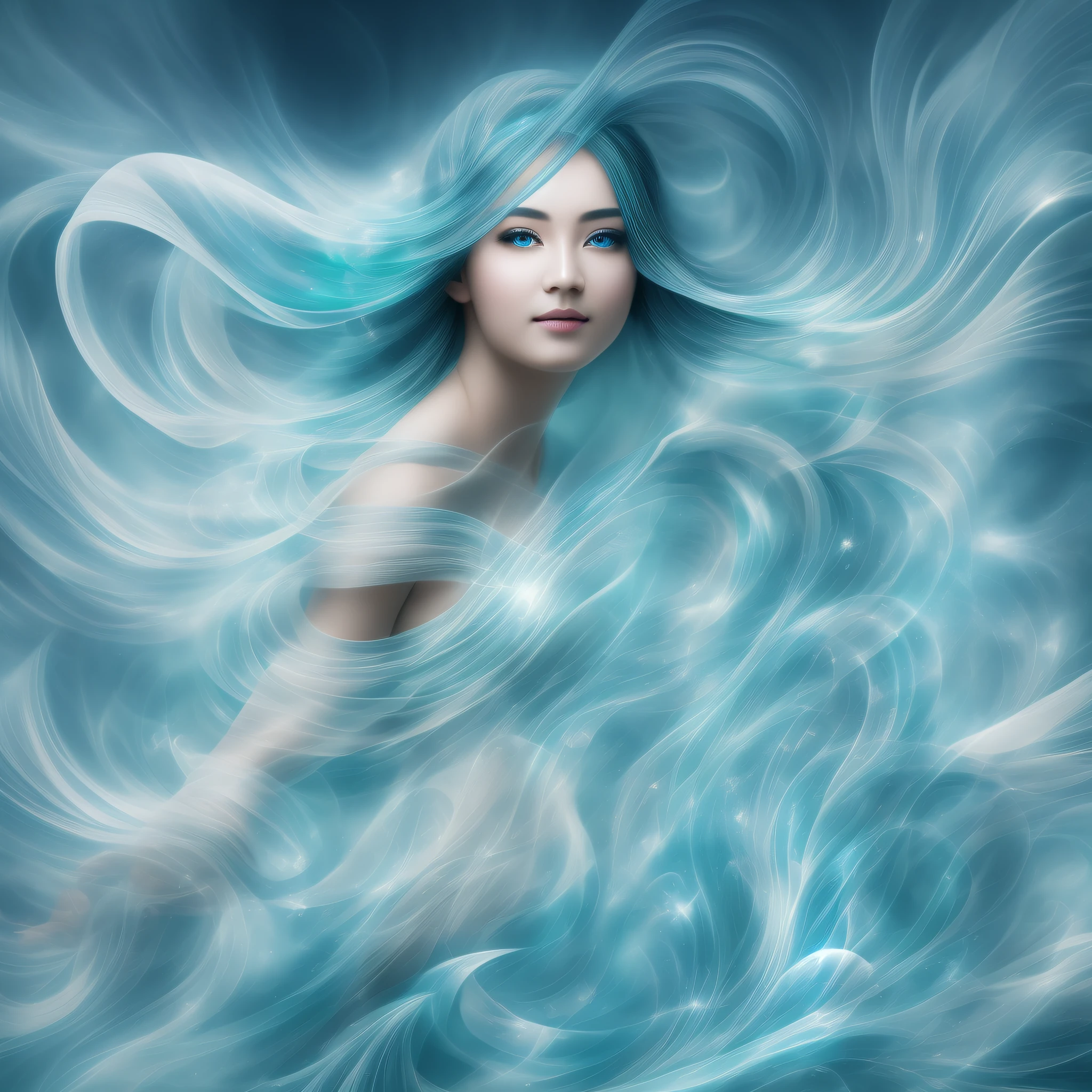 Generate captivating images of wind spirits. Let it have an element of elegance such as a flowing mysterious robe that mixes pure clear light blue air with green air with vitality and freshness, a swirling air vortex, and a hint of magic in her eyes. Photorealistic, Masterpiece, Top Quality, Super Detail, HDR, 8K