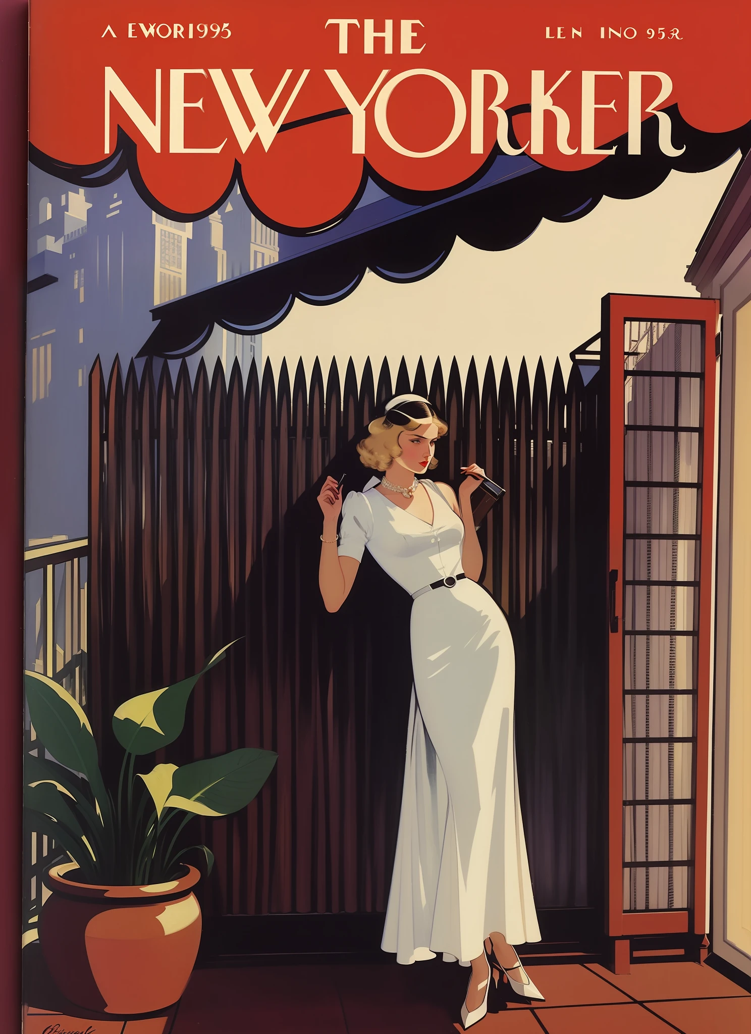 a painting of a woman in a white dress is standing in front of a fence, cover of new yorker magazine, no text, cover of new yorker magazine, illustration of new yorker, by Pruett Carter, illustration of vintage magazine, no text, (art fitzpatrick), magazine cover art, by Carl Eytel, edward hooper, cover photo,  September 1937, art deco illustration, by Joe Shuster, no text