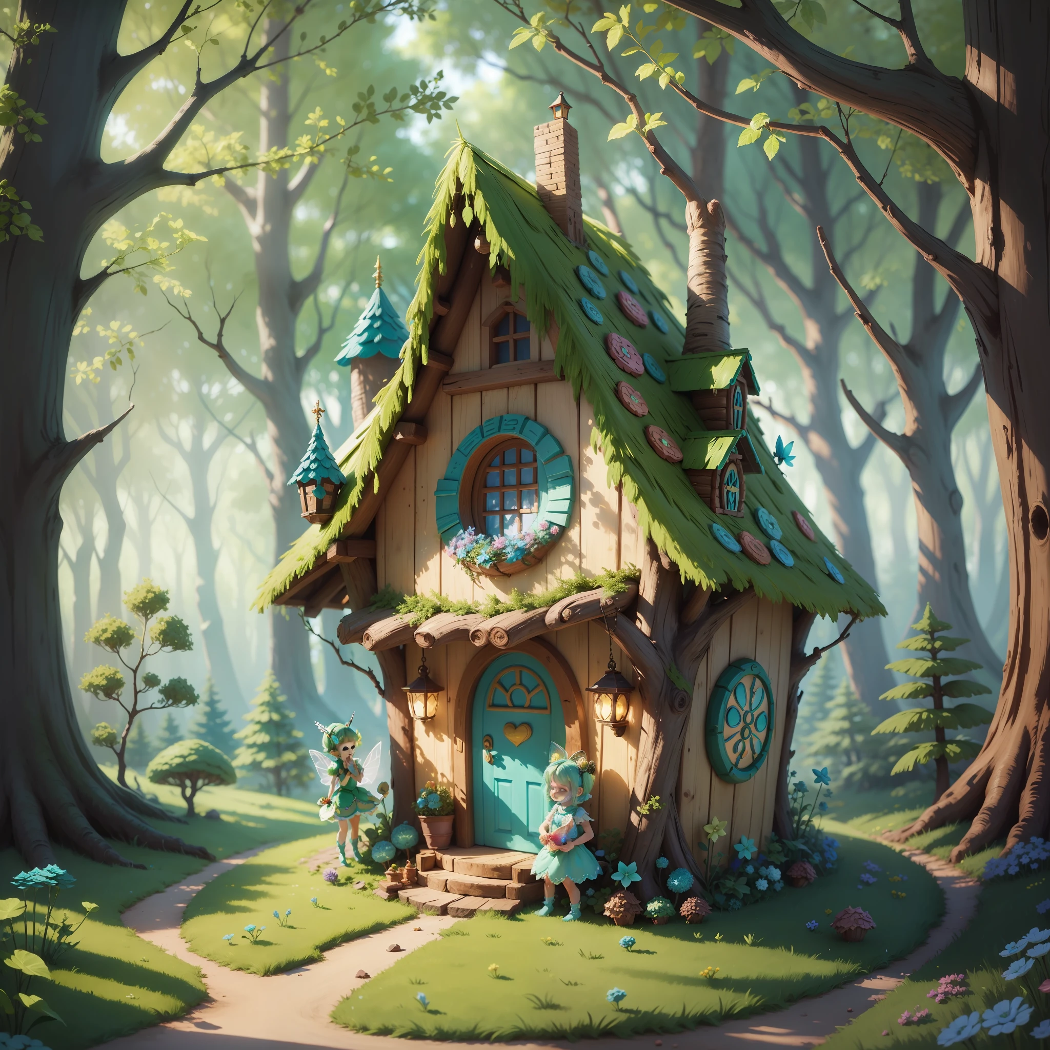 An enchanted forest (tinkerbell style) {Disney}, with cheerful colors. 4k, with details, digital art image. A fairy house, made of pinecone, chestnuts and walnuts. Turquoise blue, cute fairies. "World of the little ones". --auto --s2