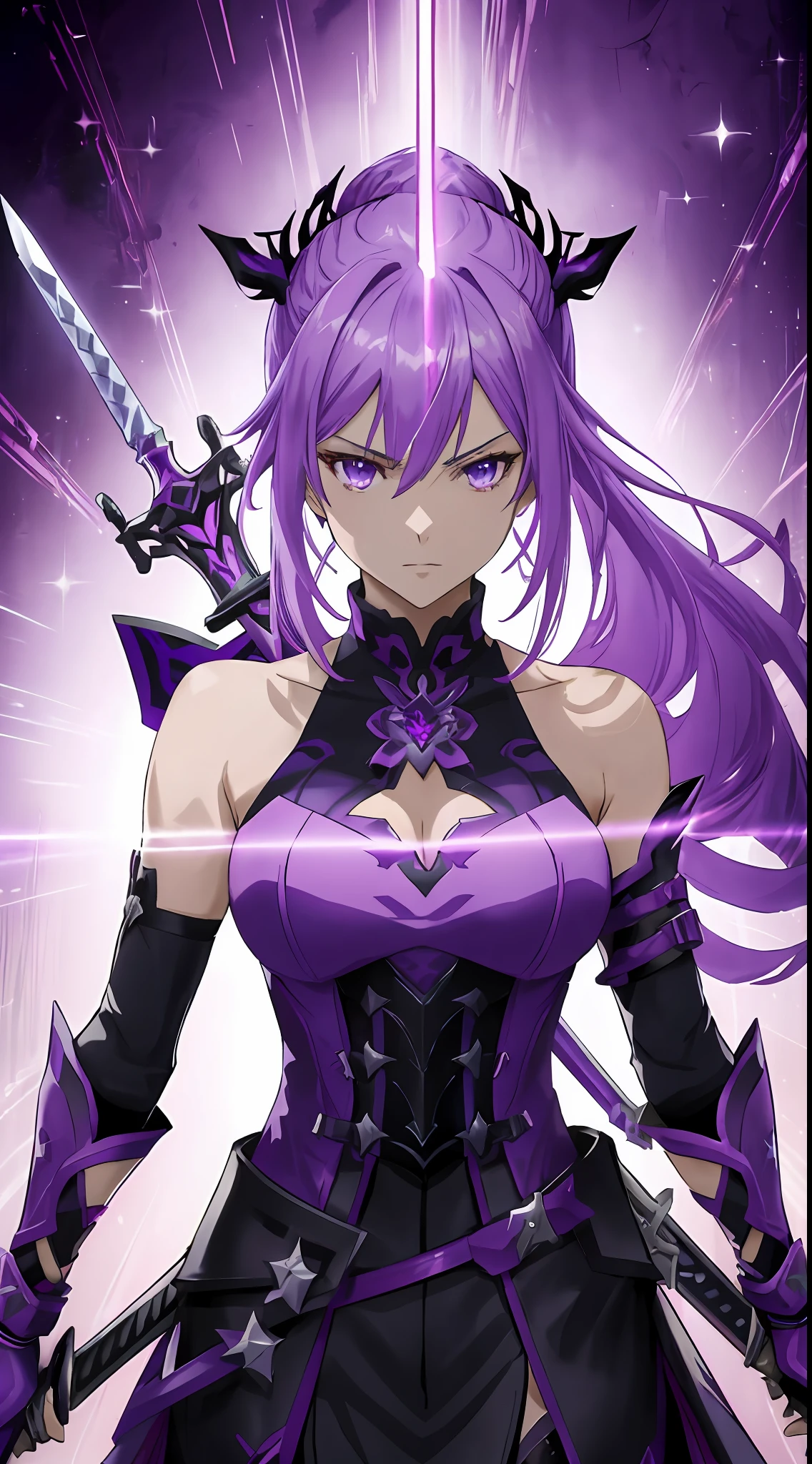 A closeup of a woman holding a sword in a purple light, best anime 4k konachan wallpaper, Genshin Impact character, bright purple core in armor, Badass anime 8 k, Genshin Impact, de Arknights, Genshin Impact video game, detailed key anime art, vein code, guilty gear strive splash art, genshin, purple armor