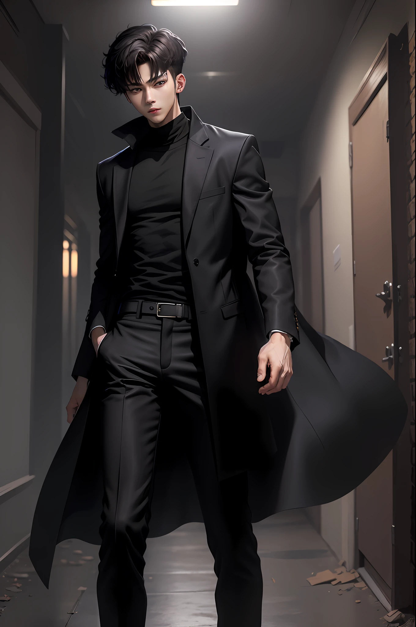 best quality,masterpiece, ultra high res,1boy,20 years old,cool,sharp eyes,perfect body,sinewy hands,bandaged hand,hansome,sung jinwoo/(solo leveling/),(black trousers),(black long coat),walking
