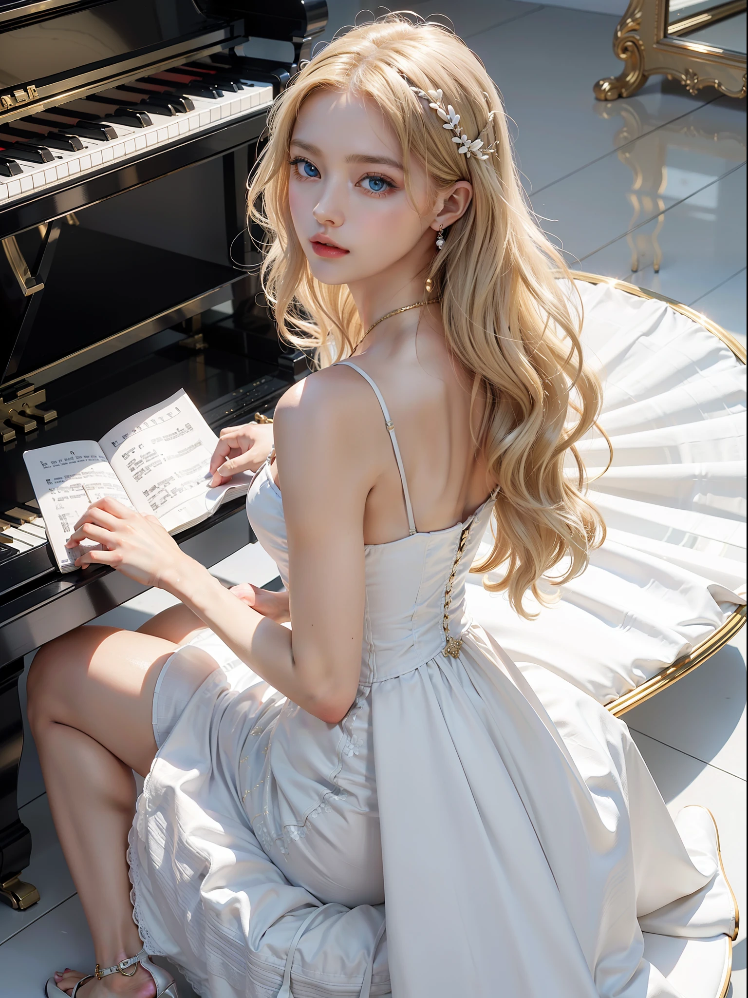 Masterpiece, ultimate quality, smooth skin, 8k, HD, 1 girl, blonde hair, blue eyes, gorgeous hairpin, white long dress, gorgeous, golden decoration, white high heels, accessories, playing piano, black piano, white piano chair, mirror-like ground, reflection, Leica,