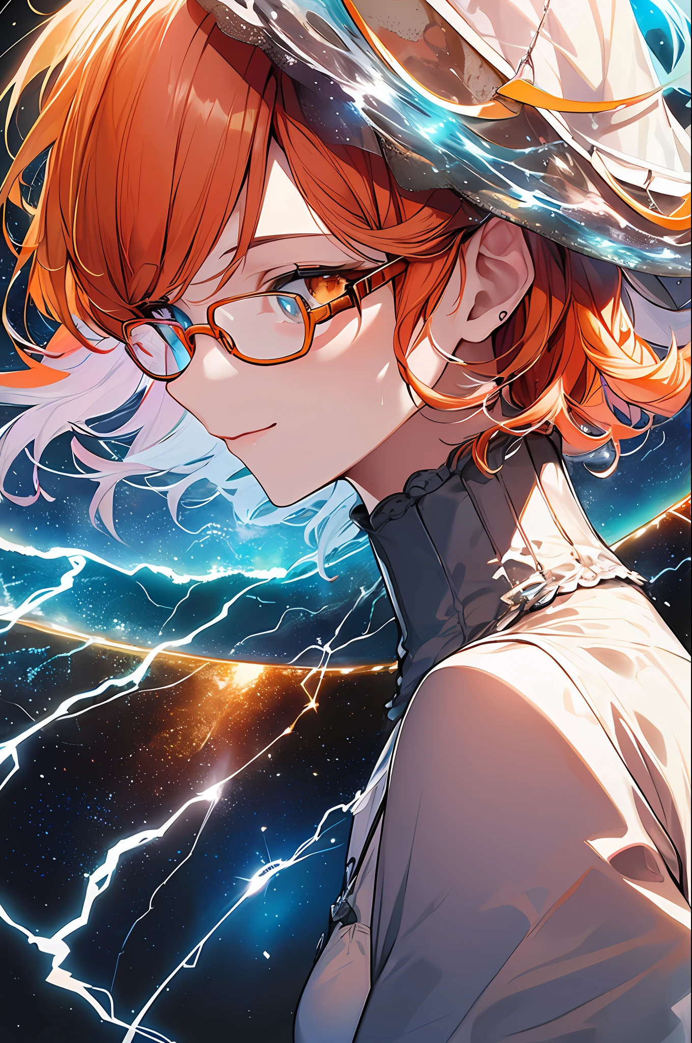 (Masterpiece, Top Quality, Best Quality, Watercolor (Medium), Official Art, Beautiful and Aesthetic: 1.2), (1 Girl: 1.3), (Fractal Art: 1.3), Upper Body, From the Side, Look at the Viewer, Pattern, (Orange Hair, Half Orange and Half Pink Hair: 1.2), Water, Liquid, Clouds, Starry Sky, Stars, Smile, Glasses, Close Up, Heterochromia, (Colorful: 1.5), ((Electricity in Own Hand, Lightning Effect, Energy waves))