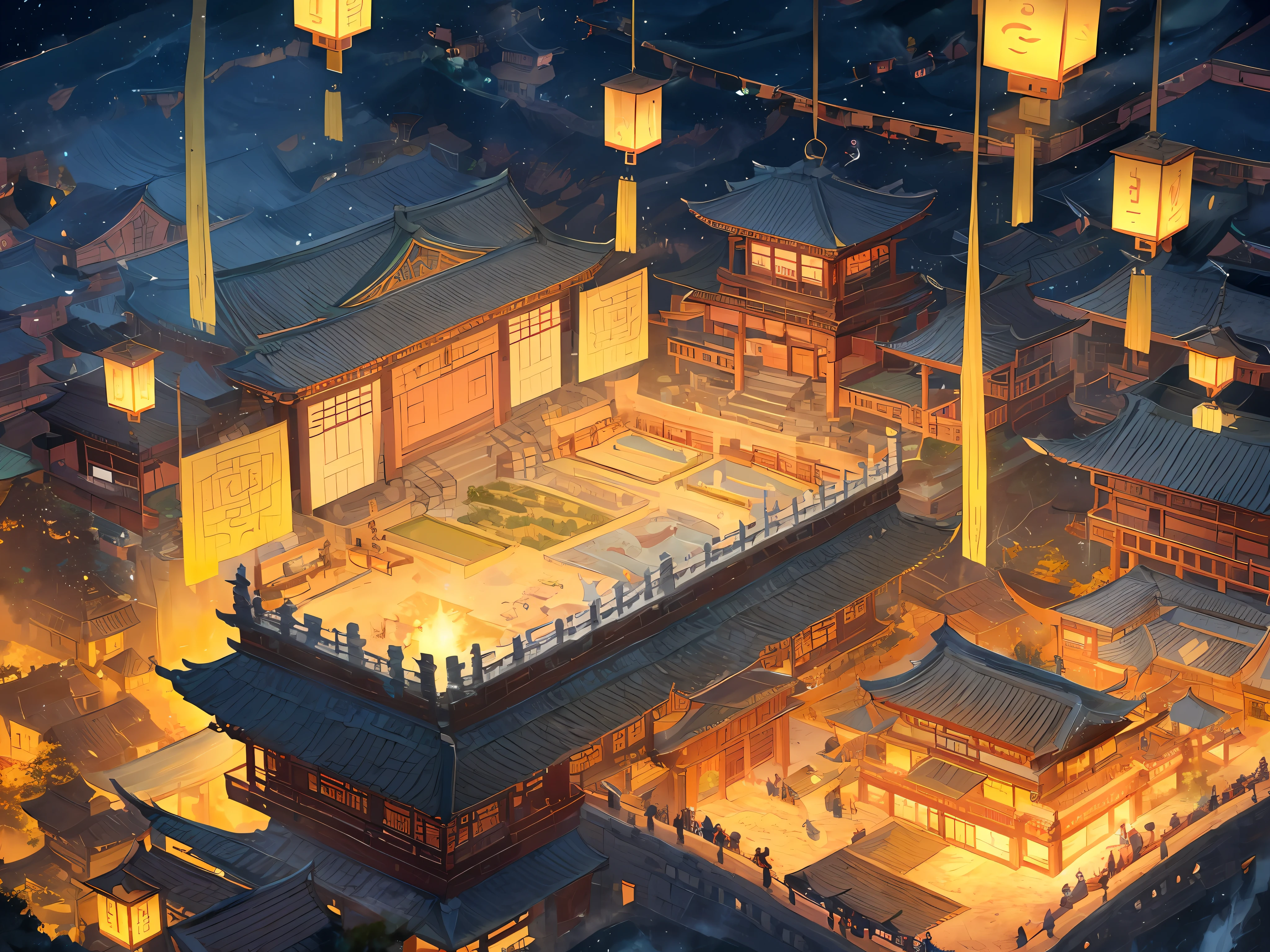 ( ( Top view, high angle view, Focal point composition) ) , Sunset Gradient, moonlit night, halo, beautiful light, beautiful play of shadow, light effects, Autumn, Ancient Chinese architecture, many raditional Chinese architecture on a floating island, there are many scattered buildings on the high mountain, ( huge Taoist incense burner, Sending out exquisite and beautiful magical effects) , waterfall cascading from the island, a vast sea of clouds, spectacular waterfalls, group of buildings, lanterns and sky lanterns floating in the air, high mountains, starry skies, soft color, refreshing, beautiful, Chinese landscape painting, cinematic lighting, high detail, (close-up), (chiaroscuro),fine facial details,cinematic lighting, (depth of field), UHD, --v6