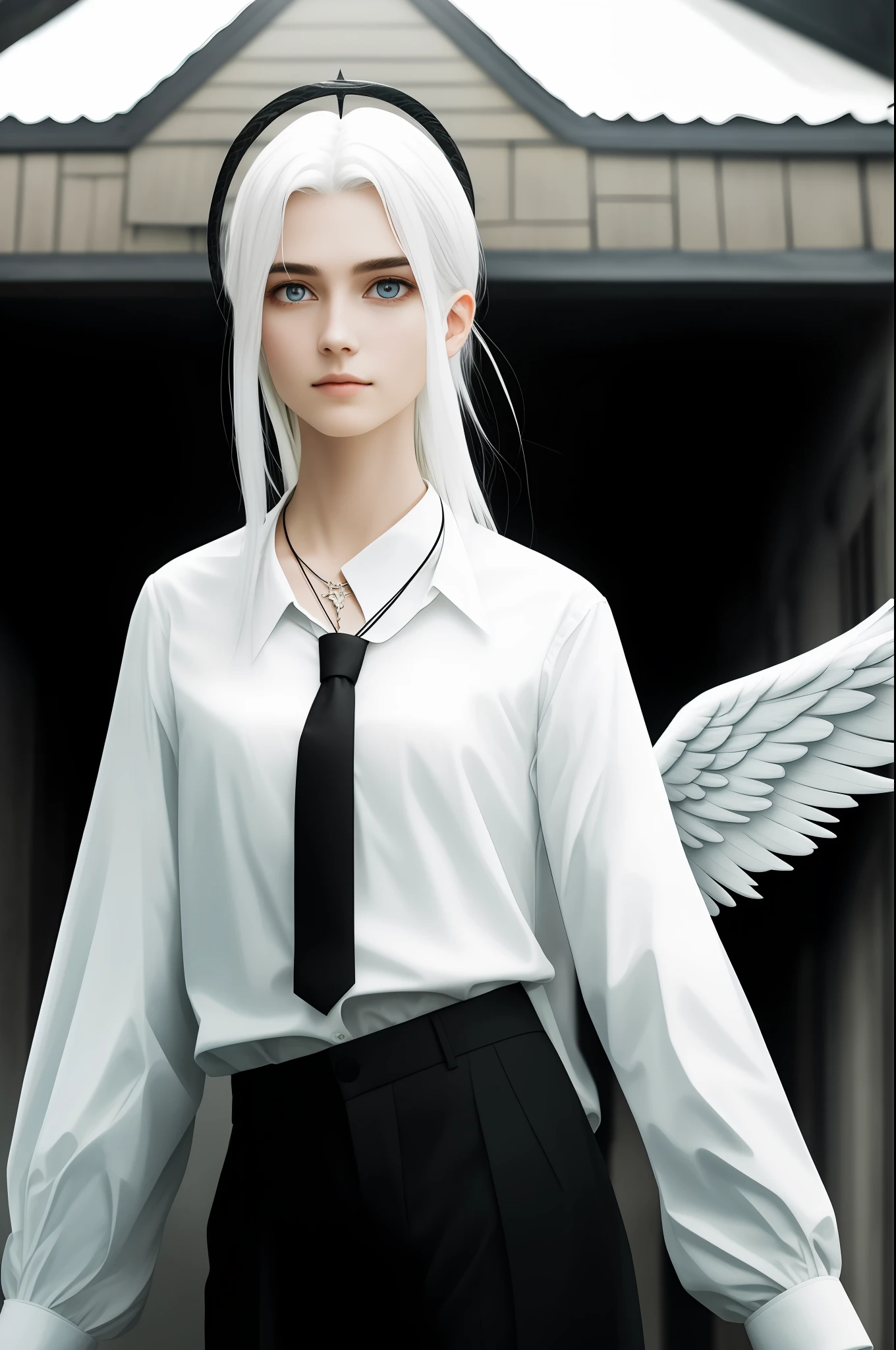 Angel girl, shirt, tie, pants, completely black eyes, long hair, black halo, roof of the house, white hair, halo, snake necklace