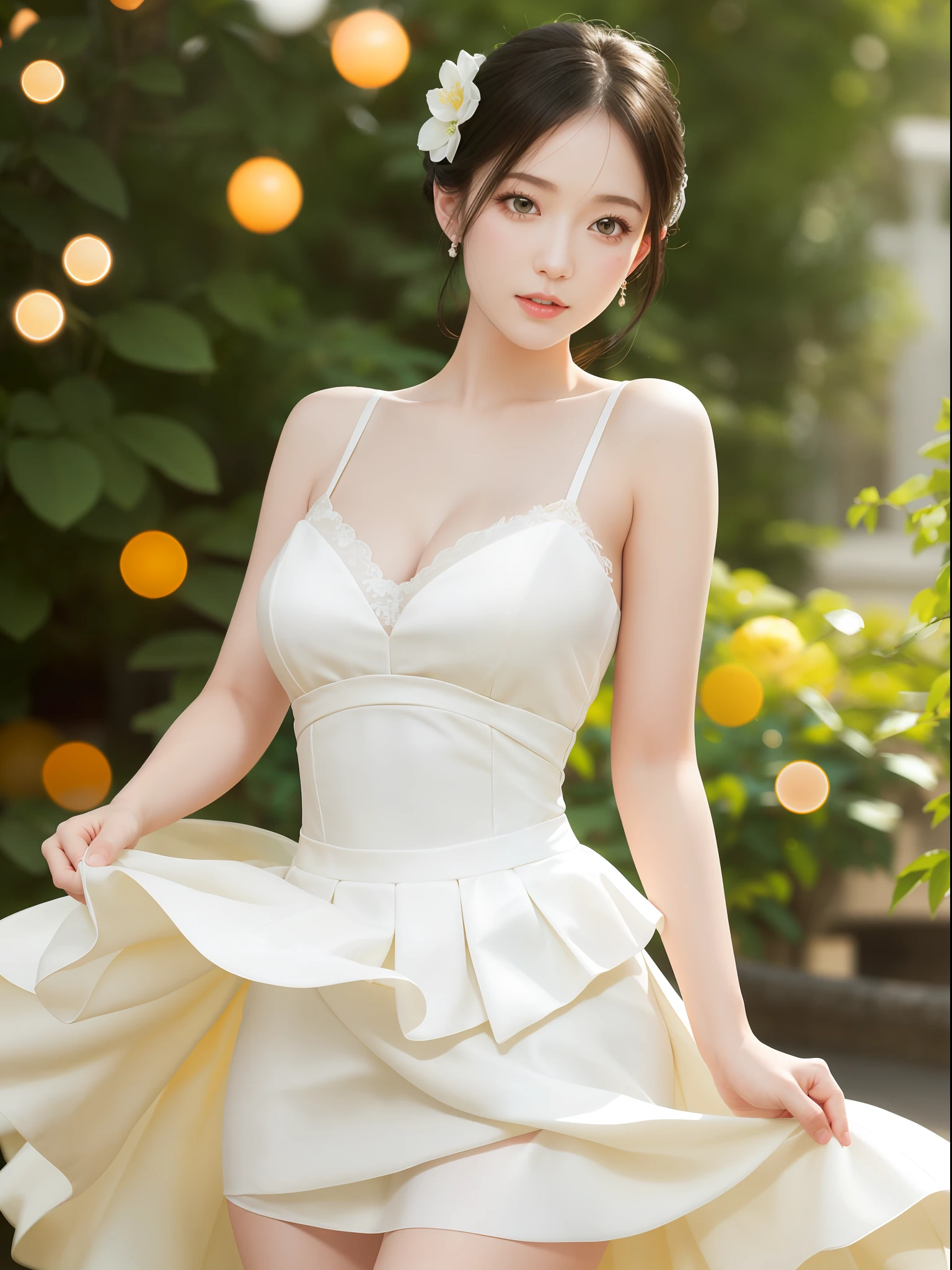 (sweat:0.7),Light yellow wedding dress,white short skirt,woman,japanese,exquisite face, beautiful face,bare shoulders,shoulders slightly exposed,translucent skin,black eyes,black hair,(photorealistic:1.4),realistic details, high resolution,bokeh,outstanding details