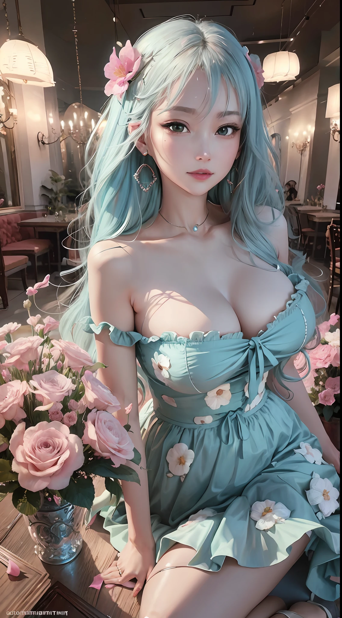 nikon RAW photo,8k,Fujifilm XT3,masterpiece,best quality,realistic,photorealistic,ultra detailed,extremely detailed face,cinematic lighting, gril,1girl,solo,full body, earrings, edium breasts, high heels, dynamic pose,happy,Surrounded by flowers,(flower:1.2),Rich details,fashion, bakery, DarkMagenta medium hime_cut, PaleTurquoise Rose Dress,