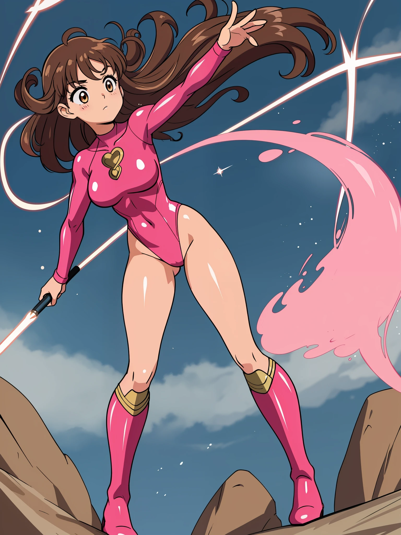 masterpiece, best quality, 1girl, female, curly brown hair, superhero, pink superhero costume, leotard, bare legs, boots, matching boots, medium breasts, light particles, wind particles, aura, stand, standing, highleg, twirl, spin, tornado, tornado twirl, tornado spin, whirlwind, wind particles, city backdrop, time travel, solo,