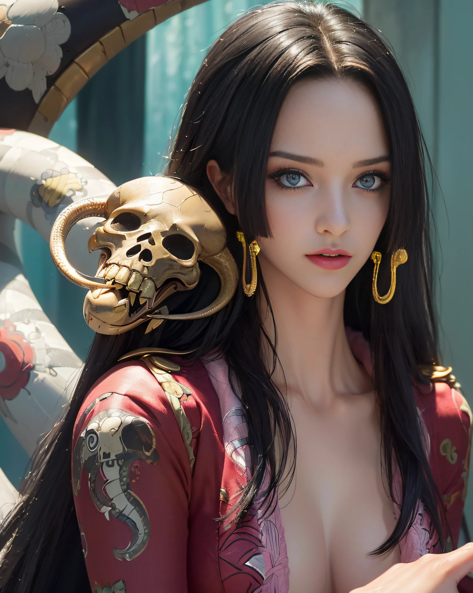 (((masterpiece+best quality+high resolution+ultra-detailed))), Boa Hancock, snake_skull, long silky black hair, high nose, sharp eyes, noble and inviolable temperament, (([female]: 1.2 + [beauty]: 1.2 + black long hair: 1.2)), snake_skull background, bright eyes, dynamic angle and posture