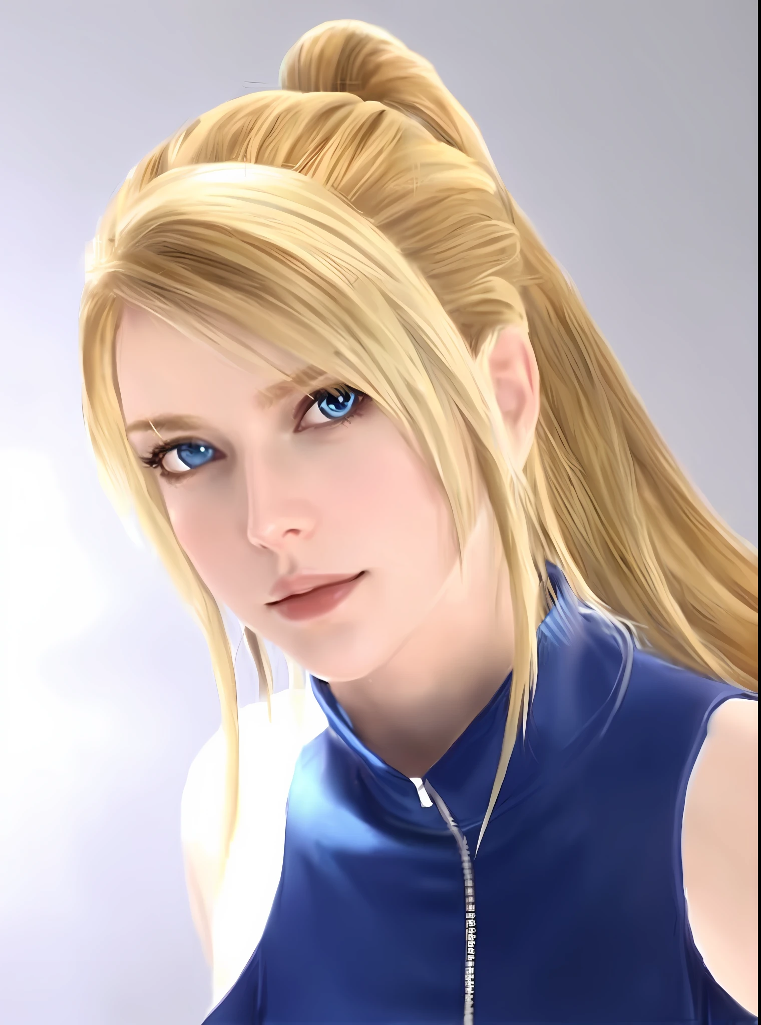 Blonde woman with long hair in blue top and blue jacket, glamorous Jill Valentine, Final Fantasy character, Tipha Lockhart portrait, blonde haired blue eyes, white hair Tipha Lockheart, blonde hair blue eyes, video game character, blond hair and blue eyes, Tipha Lockhart portrait, avatar image, Zero Suit Samus, ponytail, blonde,