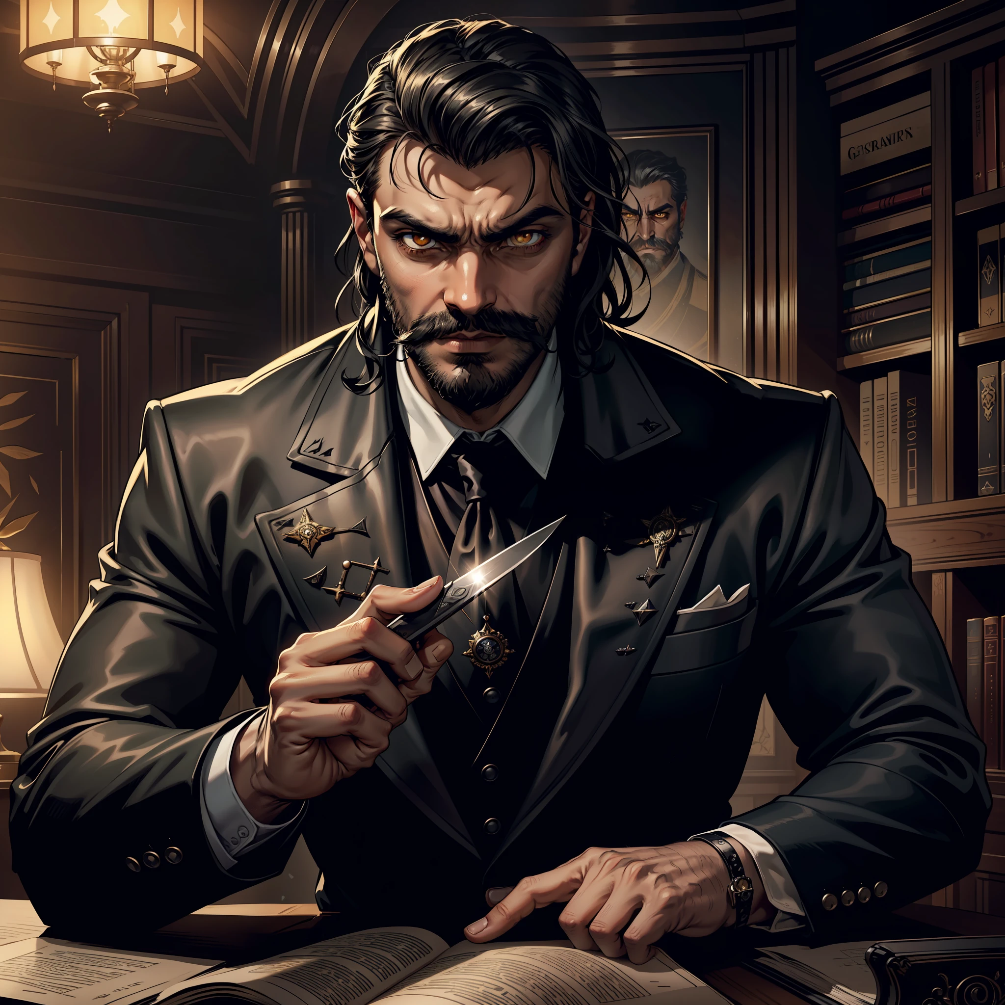 (extremely detailed 8k wallpaper), dark theme, Vampire the Masquerade, modern horror, 2020s, middle-aged man, Indian descent, wearing expensive black designer suit with silver tie, sharp focus, (subsurface scattering:1.1), award-winning photography, centered face, Oscar Isaac's face, ((a shapeshifter))), half-body shot:1.1, medium black hair, supernatural yellow eyes, black beard and mustache, enigmatic expression, mystical library interior with a large silver dagger on a study table, dramatic lighting