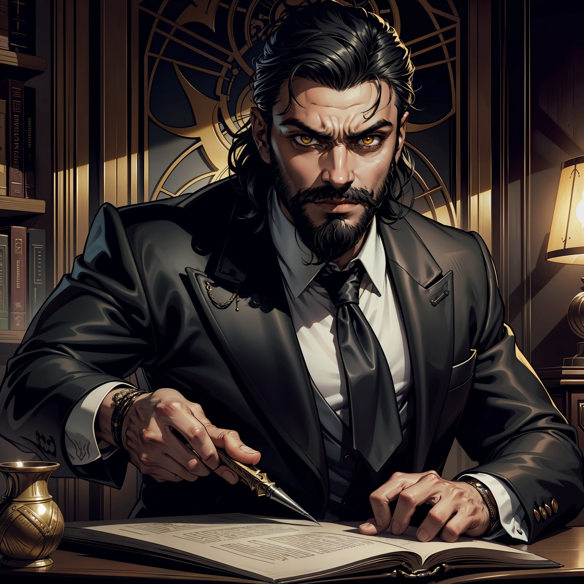 (extremely detailed 8k wallpaper), dark theme, Vampire the Masquerade, modern horror, 2020s, middle-aged man, Indian descent, wearing expensive black designer suit with silver tie, sharp focus, (subsurface scattering:1.1), award-winning photography, centered face, Oscar Isaac's face, ((a shapeshifter))), half-body shot:1.1, medium black hair, supernatural yellow eyes, black beard and mustache,  enigmatic expression, mystical library interior with a large silver dagger on a study table, dramatic lighting