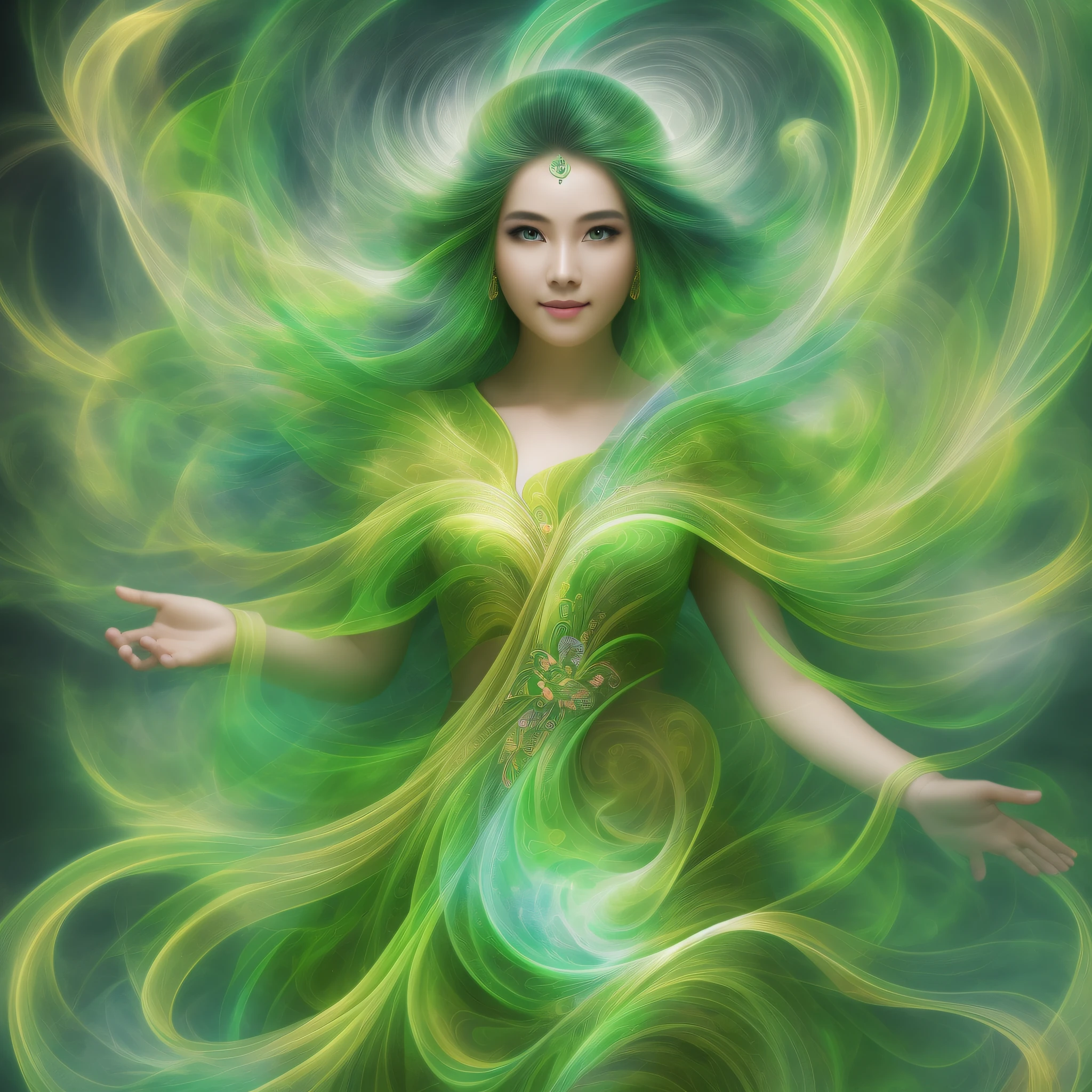 Generate captivating images of wind spirits. Let her exude an aura of grace: a mystical robe of flowing green air with vitality and freshness, a swirling air swirl and a hint of magic in her eyes. Photorealistic, Masterpiece, Top Quality, Super Detail, HDR, 8K