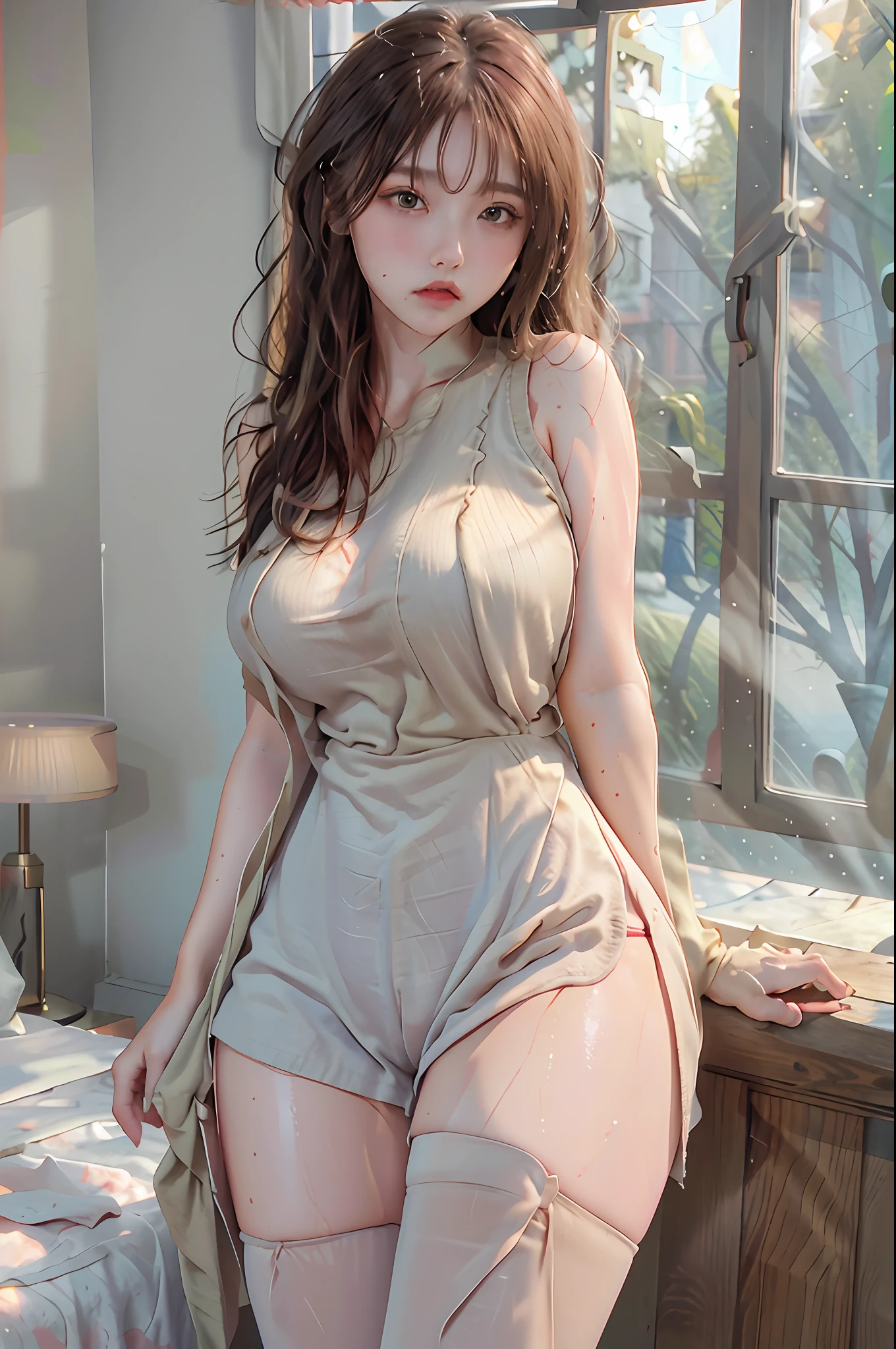 (highest resolution, distinct_image) best quality, woman, masterpiece, highly detailed, semi-realistic, 21 years old, cute, young, beautiful, interior, modern bedroom, window, wake up, morning, blush, thick thighs, wide hips, thin waist, tall, coral, (sweat: 1.2), (wet), sexy, blush, shorts, suspenders, tank top, stockings
