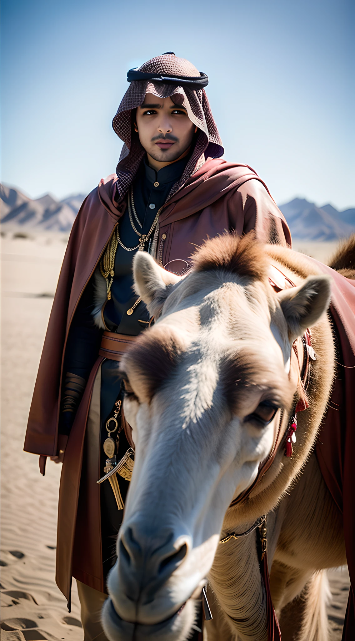 (man) (desert), (with camel), handsome muscular young boy, teenager, Hamdan bin Mohammed AI maktoum, Crown Prince of Dubai, (high detail: 1 of 1), natural skin, high quality, beautiful eyes, (detailed face and eyes), (face: 1 2), noise, real photo, PSD, sharp focus, high resolution 8K, realistic and professional photo , 8K UHD, Soft Lighting, High Quality, Film Grain, Fujifilm XT3