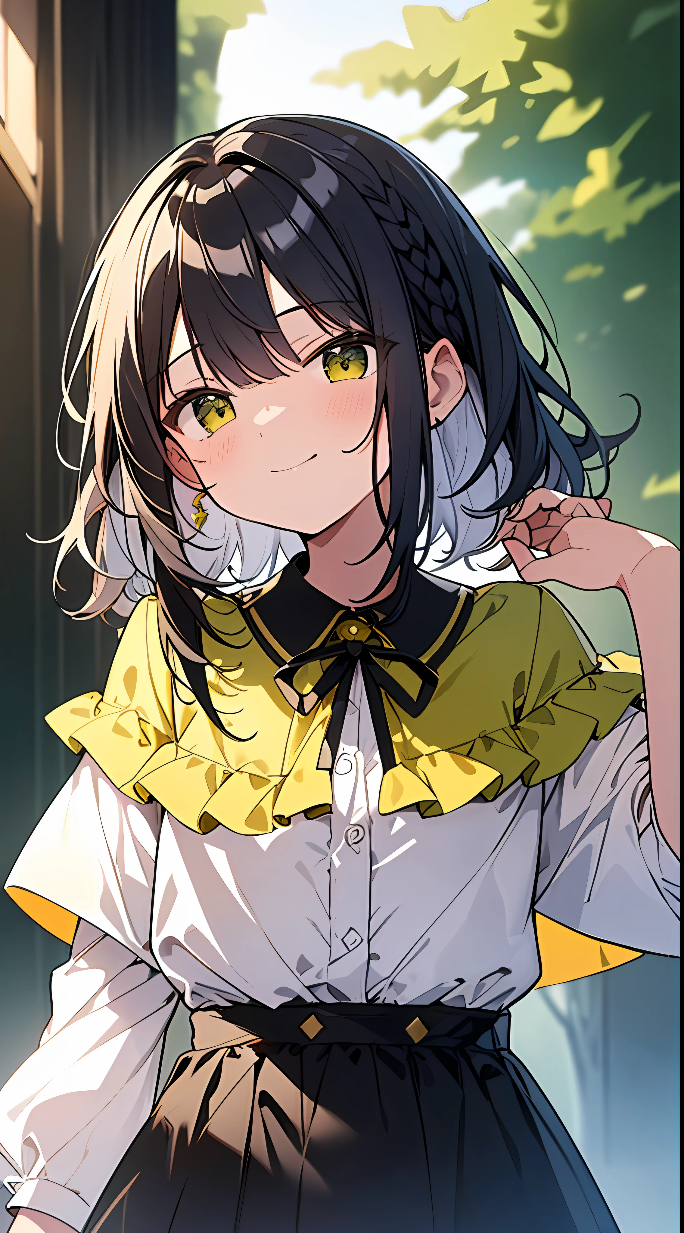 Top Quality, Masterpiece, High Resolution, 8k, Yellow Green Shirt and Skirt Anime Style Small Loli, Single, Detailed Line Art, Bright White and Bright Amber Style, Digital Enhancement, Anime Core, Flowing Fabric, Close Up, Hair Length and Short Braids to Shoulder Opening, Beautiful Black Hair, Smile, Looking Up Angle