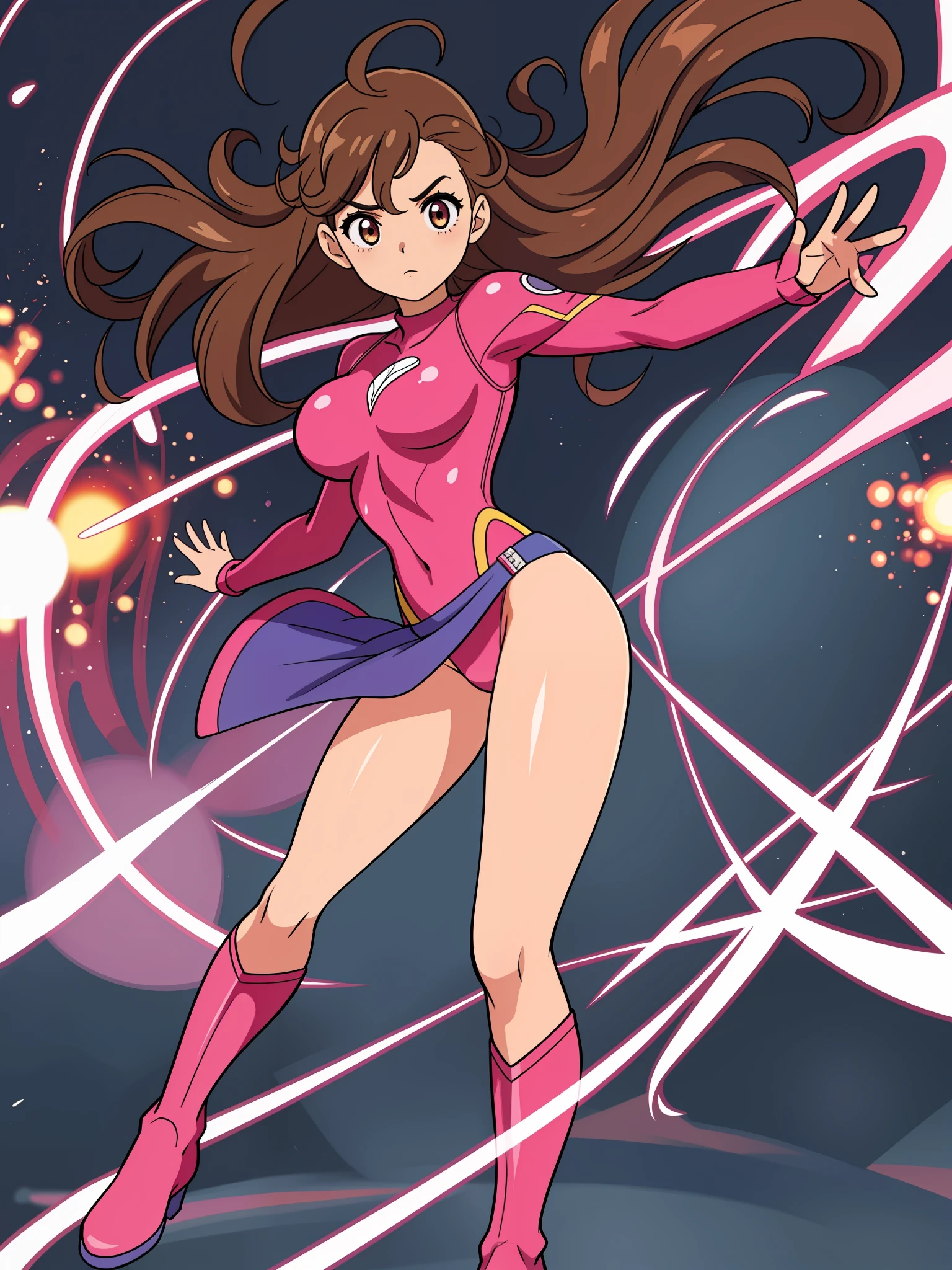 masterpiece, best quality, 1girl, female, curly brown hair, superhero, pink superhero costume, leotard, bare legs, boots, matching heeled boots, medium breasts, light particles, wind particles, aura, stand, standing, highleg, twirl, spin, tornado, tornado twirl, tornado spin, whirlwind, wind particles, city backdrop, time travel, solo,