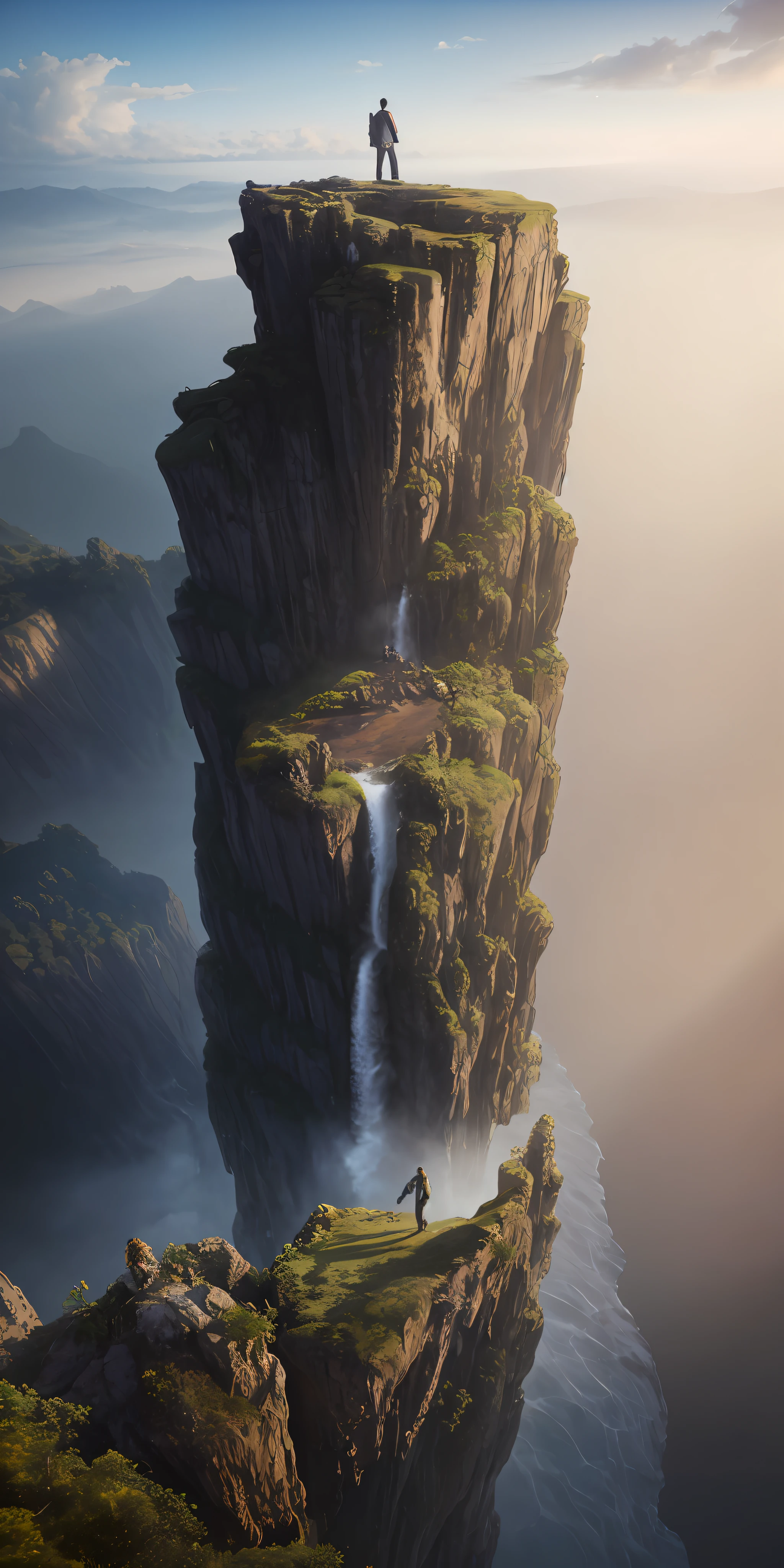 there is a man standing on a cliff overlooking a waterfall, 8 k matte painting, 8k matte painting, 8k vertical wallpaper, 8 k vertical wallpaper, 4 k vertical wallpaper, 4k vertical wallpaper, realistic fantasy render, 8k resolution digital painting, 8 k resolution digital painting, jessica rossier fantasy art, 4 k matte painting, 3d rendered matte painting