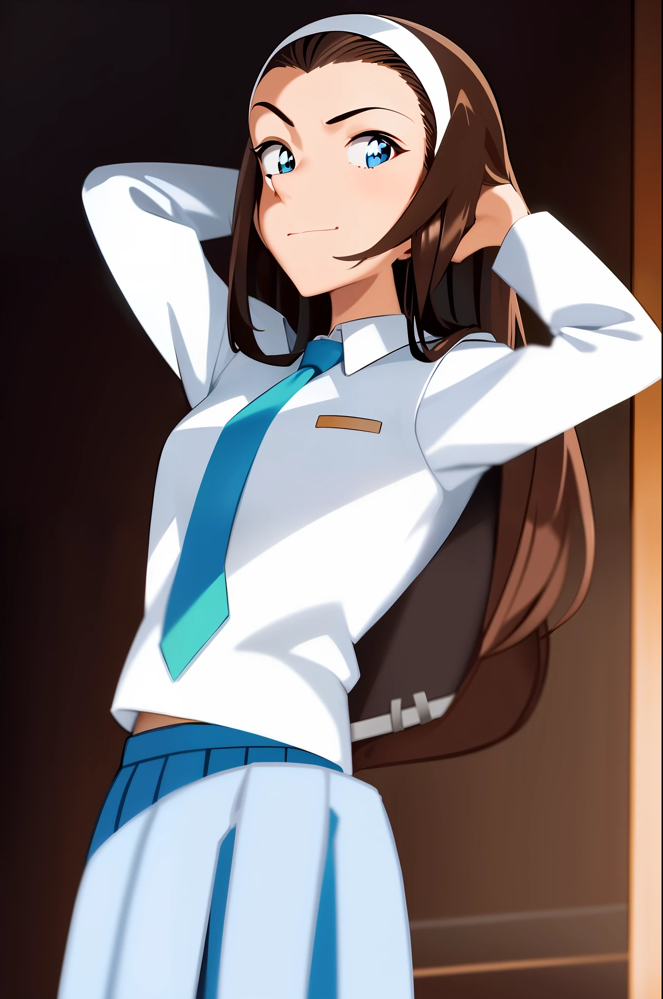 ((masterpiece)), (8k, high_resolution), (distinct_image),((1girl, solo)),  (best quality), detecive conan \(style\), solo, beautiful eyes and detailed face, ((1girl, solo)), medium breasts, (slim, slender), ((long hair, brown hair, hair band)),  ((school uniform, green necktie, white shirt, blue blazer, blue jacket, blue skirt:1.2)),
