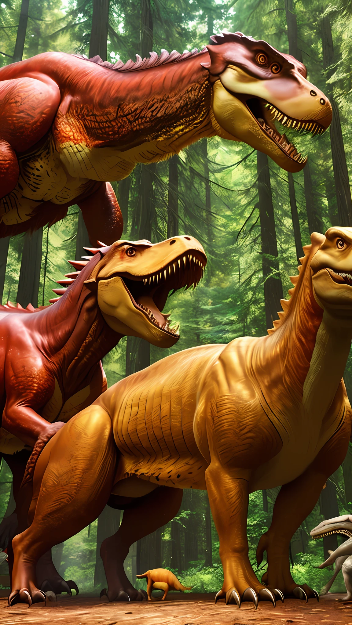 A golden girl in the red woods next to a Tyrannosaurus rex eating a dog