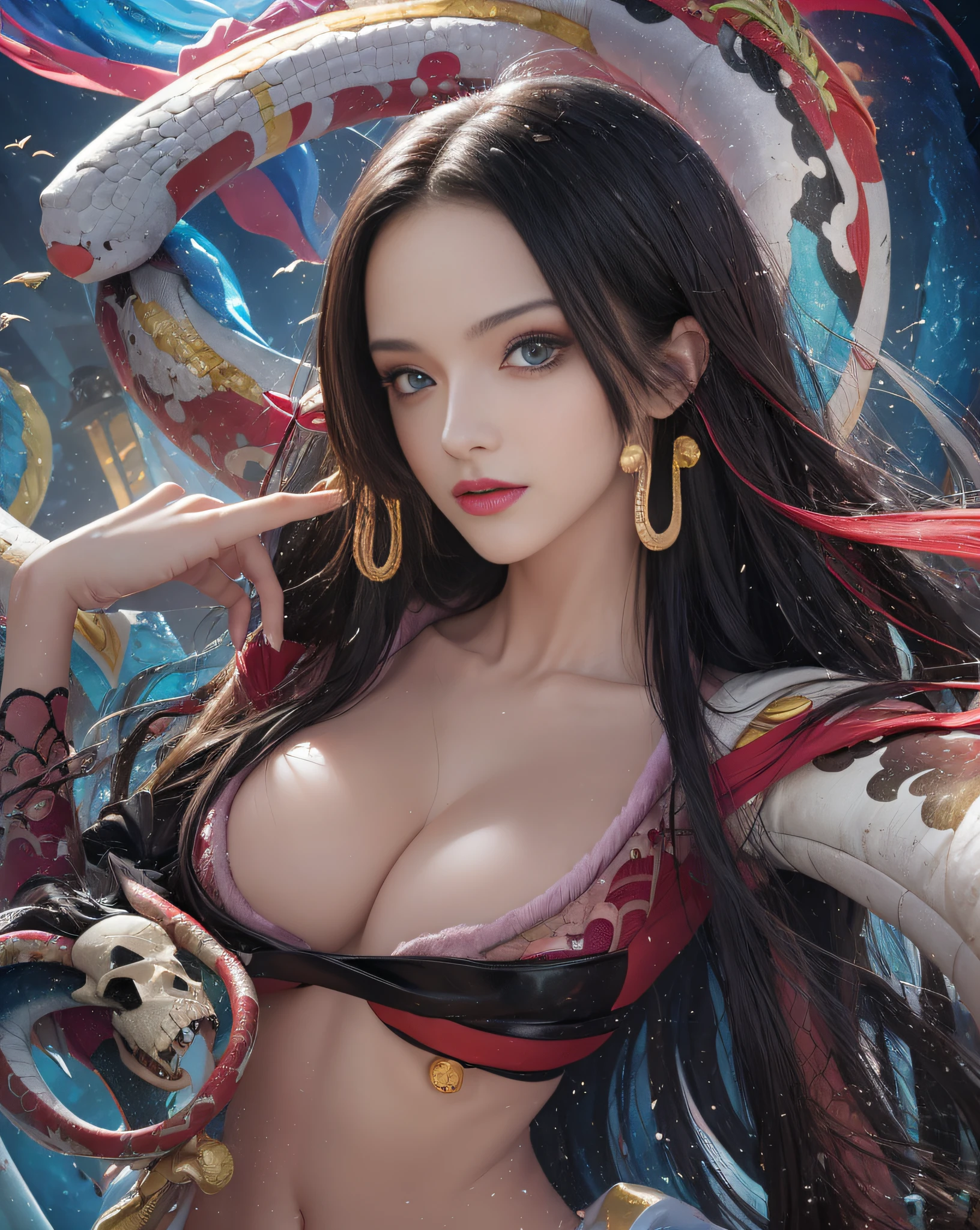 (((masterpiece+best quality+high resolution+ultra-detailed))), Boa\(one piece\), long silky black hair, high nose, sharp eyes, noble and inviolable temperament, (([female]: 1.2 + [beauty]: 1.2 + black long hair: 1.2)), (Boa Hancock, snake_skull: 1.2), bright eyes, dynamic angle and posture, accurate hands and fingers,