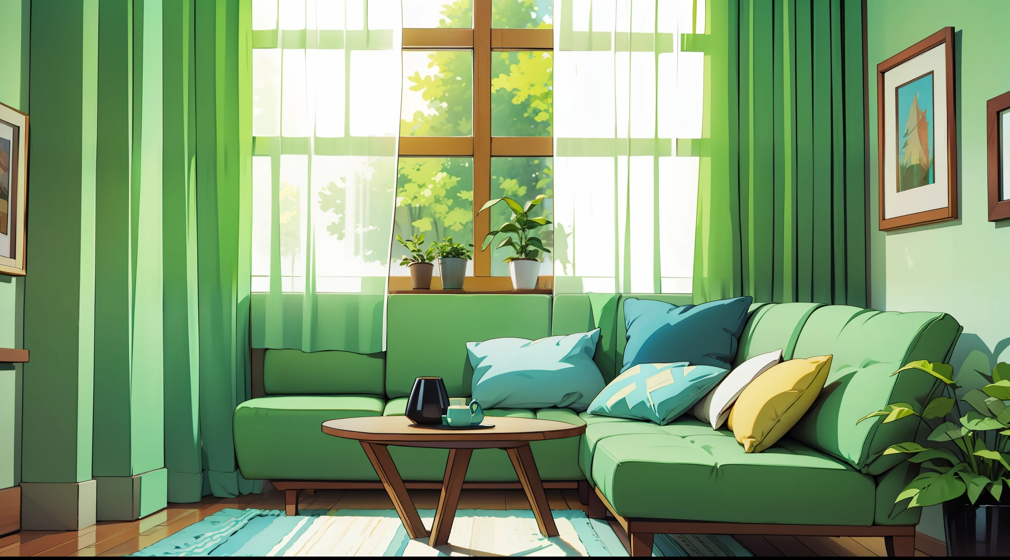 Nordic style living room, clean sofa, simple color scheme, greenery, curtains