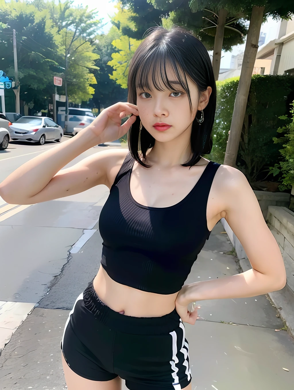 (8k, RAW photos, top quality, masterpiece: 1.2) Alafe woman with black hair and bangs 1, photo inspired by Ma Yuanyu, Instagram, folk art, she has black hair with bangs, Ulzan, One adorable Korean face, Sun Yunju, full bang, chassis, black princess cut hair, bangs and neat hair, gym shorts with slit, wet hair, short hair, outdoor, nasty face, sexy, earring