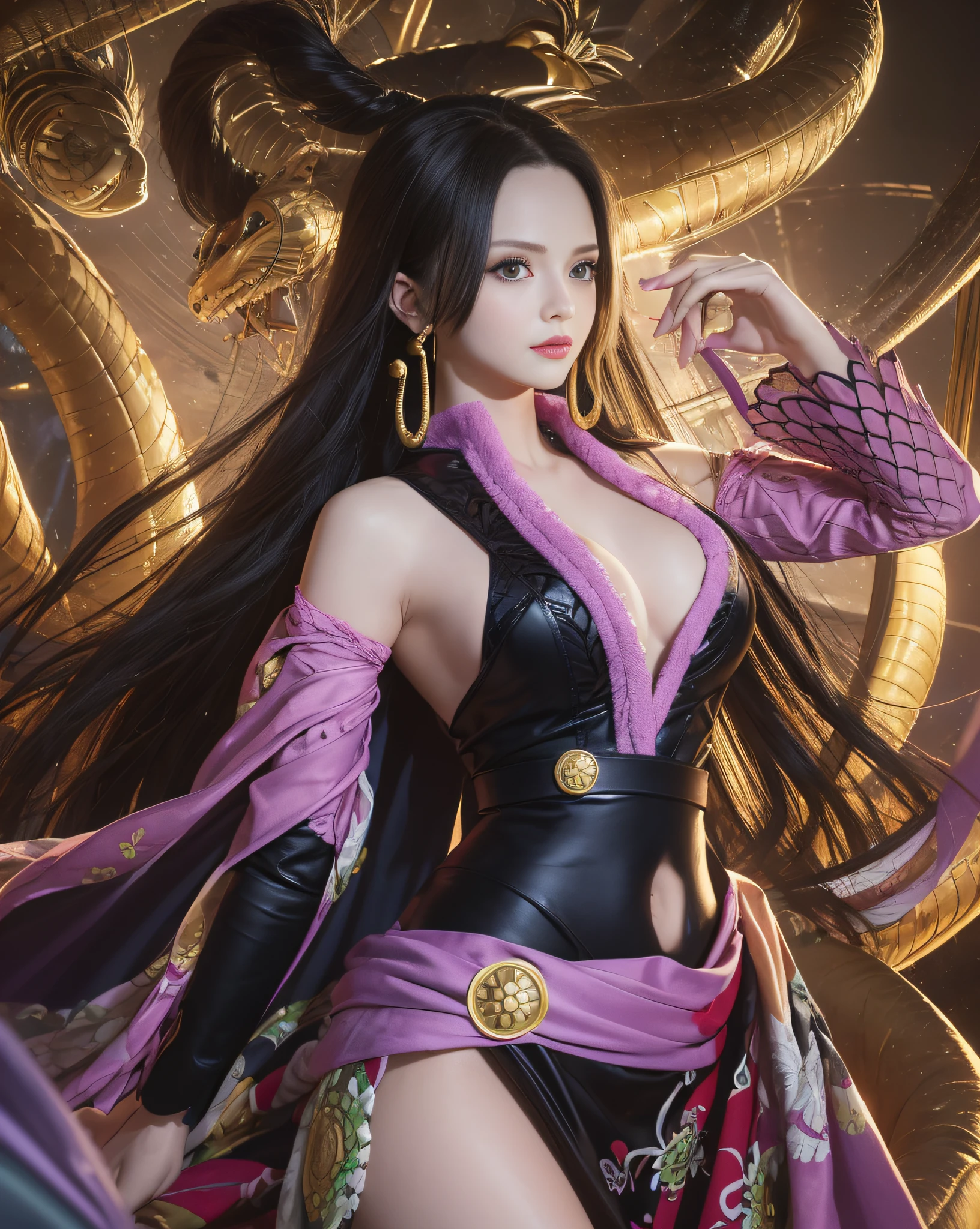 (((masterpiece+best quality+high resolution+ultra-detailed))), Boa\(one piece\), snake_skull, long silky black hair, high nose, sharp eyes, noble and inviolable temperament, (([female]: 1.2 + [beauty]: 1.2 + black long hair: 1.2)), Boa Hancock, deep and dark background, bright eyes, dynamic angle and posture, accurate hands and fingers,