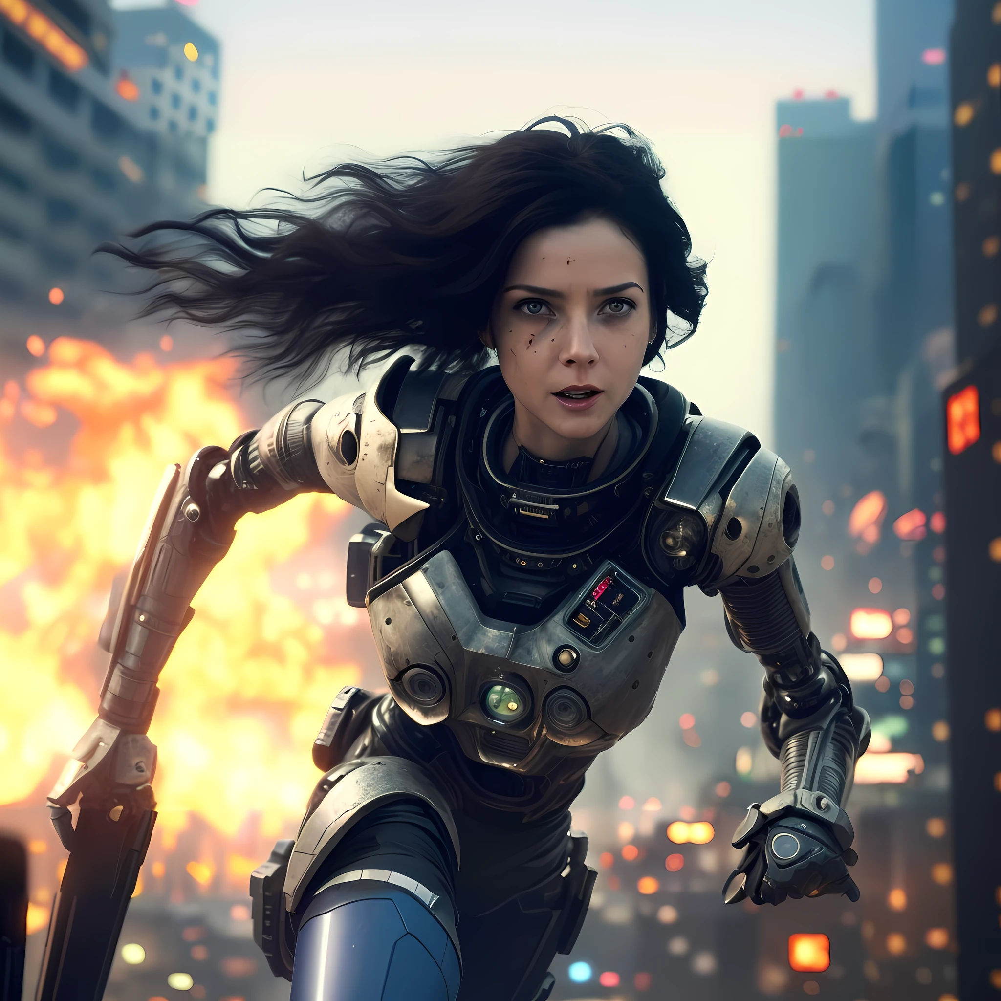 arafed woman in a futuristic suit running through a city, alita battle angel, still from alita, 8 k movie still, in a scifi movie, from a 2 0 1 9 sci fi 8 k movie, 4 k movie still, 4k movie still, alita, movie still 8 k, movie still of a cool cyborg