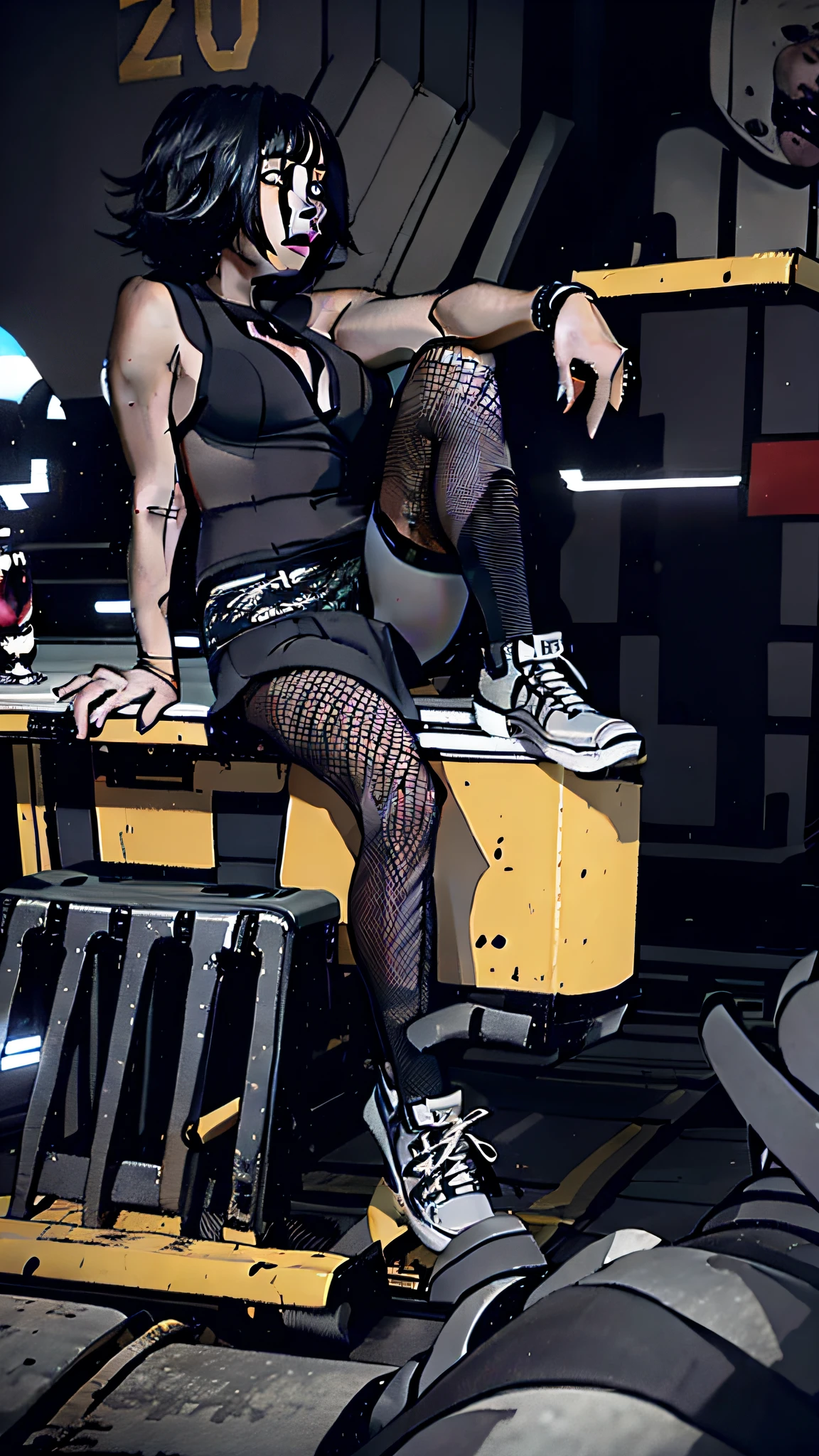 araffe sitting on a train with a woman in a black dress, strong legs, legs visible, toned legs, legs taking your pov, close-up on legs, taken with a canon eos 5d, taken with a canon eos 5 d, inspired by Nan Goldin, woman in a dark factory, industrial photography, wearing fishnets