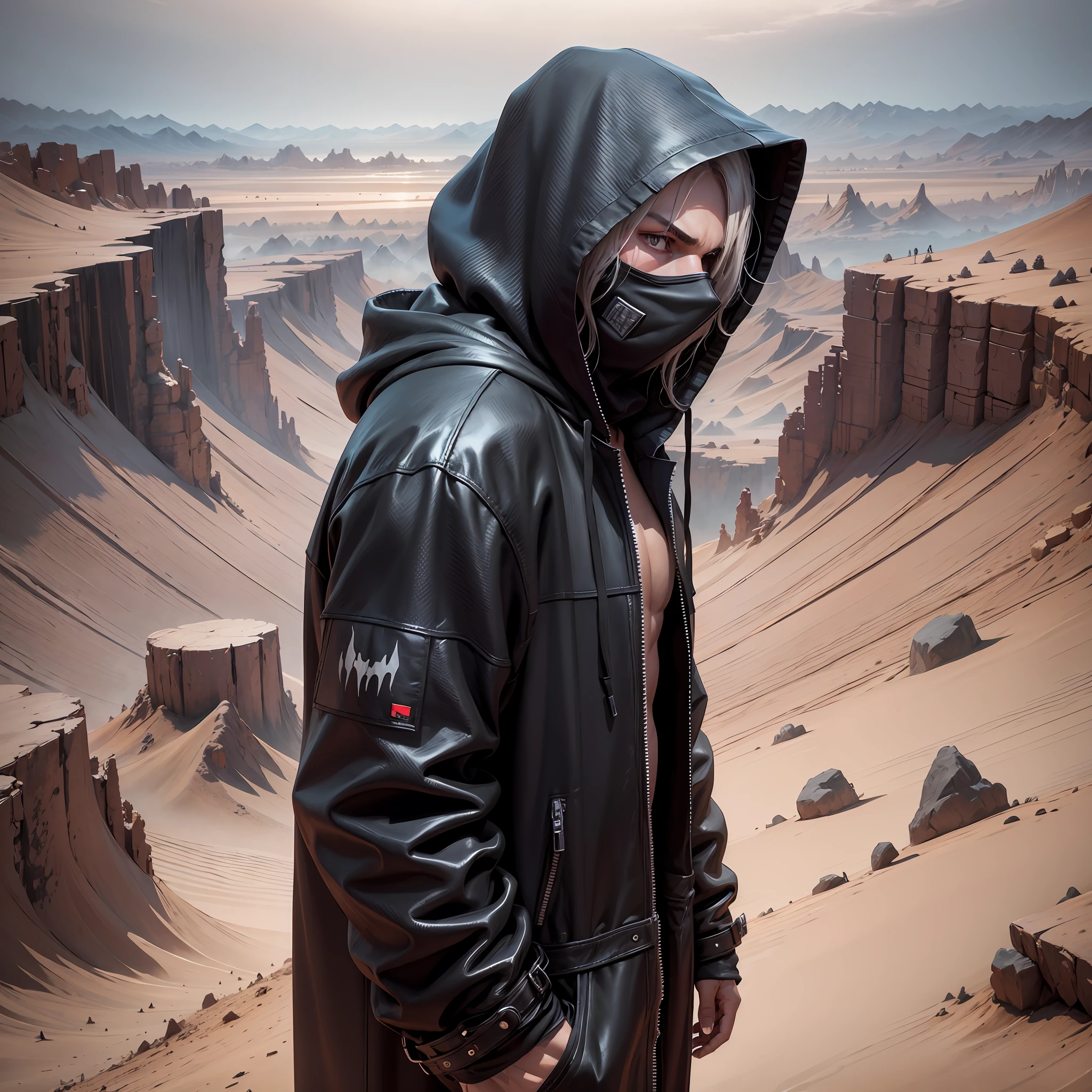 1 man, dark black hood, hyper detailed, desert landscape, apocalypse, many details, hooded face, photorealistic, hands in pockets --auto --s2