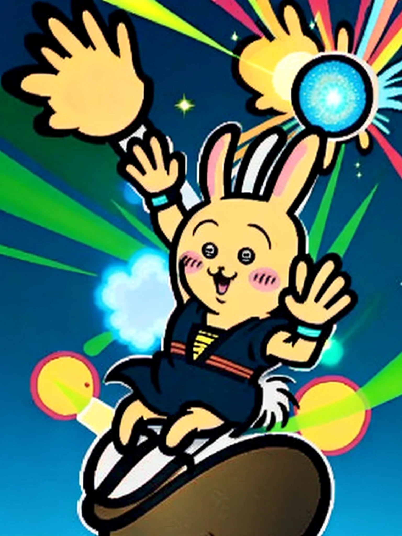 chiikawa\(a\), solo, :3,backlit, hands up, light particles, watch viewer, male focus, smile, solo upper body, wristband, ((masterpiece)), Akira Toriyama, in the style of Akira Toriyama, Dragon Ball Z