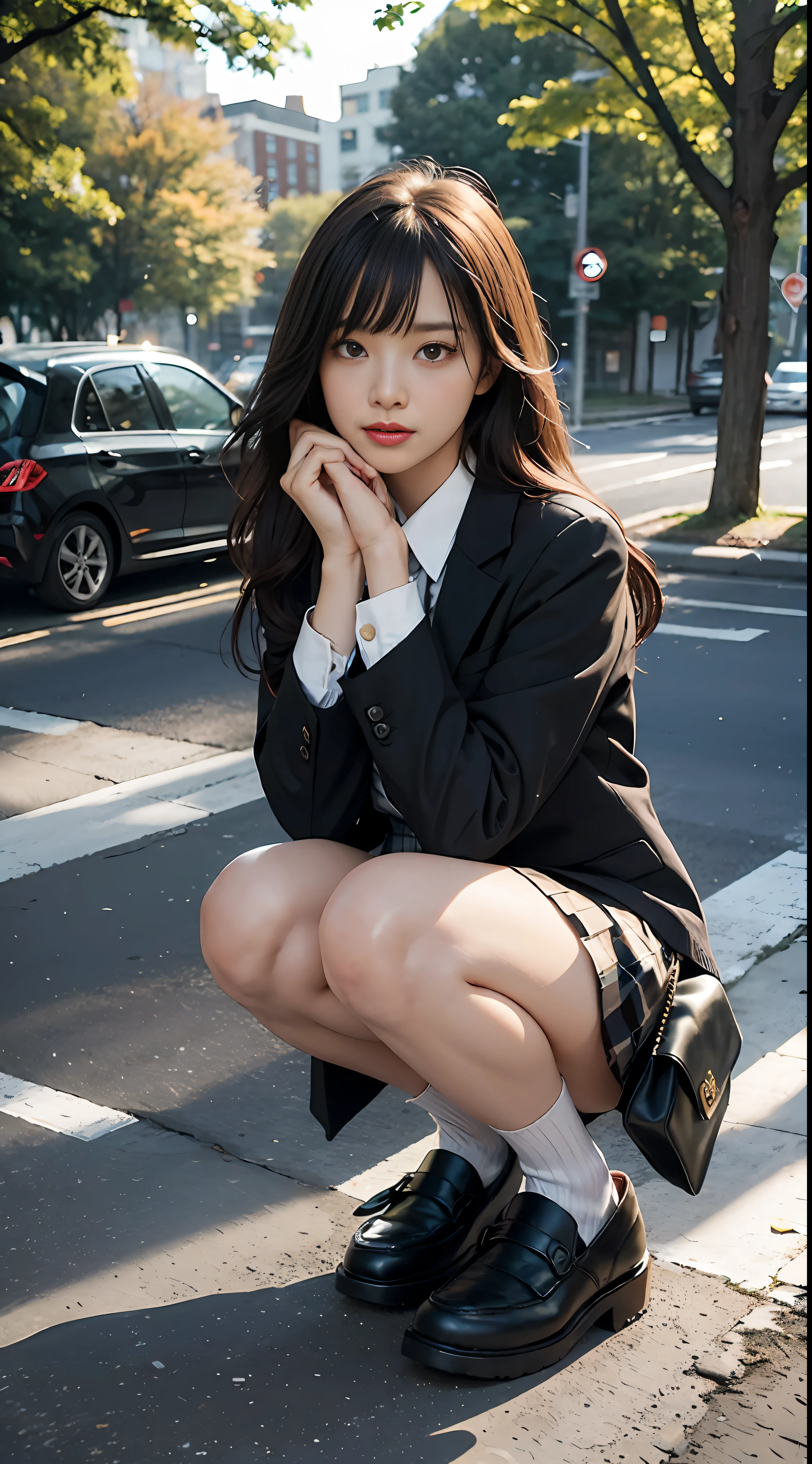 (Realistic:1.4),8K,1 Girl, (Masterpiece), Best Quality, Highest Quality, (Detailed Face:1.5), Original, High Resolution, Unbeatable Masterpiece, Ultra Realistic 8K, Perfect Artwork, ((Perfect Female Figure)), Mature Woman, Mature Woman, Narrow Waist, Skinny, Detailed Skin, Solo, Pantyhose, Skirt, Jacket, School Uniform, White Background, Bag, Shoes, Black Pantyhose, Simple Background, Black Footwear, Loafers, Blazer, Full Body, Squat Position, Cardigan , plaid , school bag, tie, pleated skirt, standing on one leg, brown eyes, long hair, black hair with sleeves over wrist, long sleeves, plaid skirt, bangs, black jacket, mini skirt, shirt, open clothes, black skirt, collared shirt, street, afternoon, natural light, outdoor, tree, bus stop, 200 mm, low position, lens flare,
