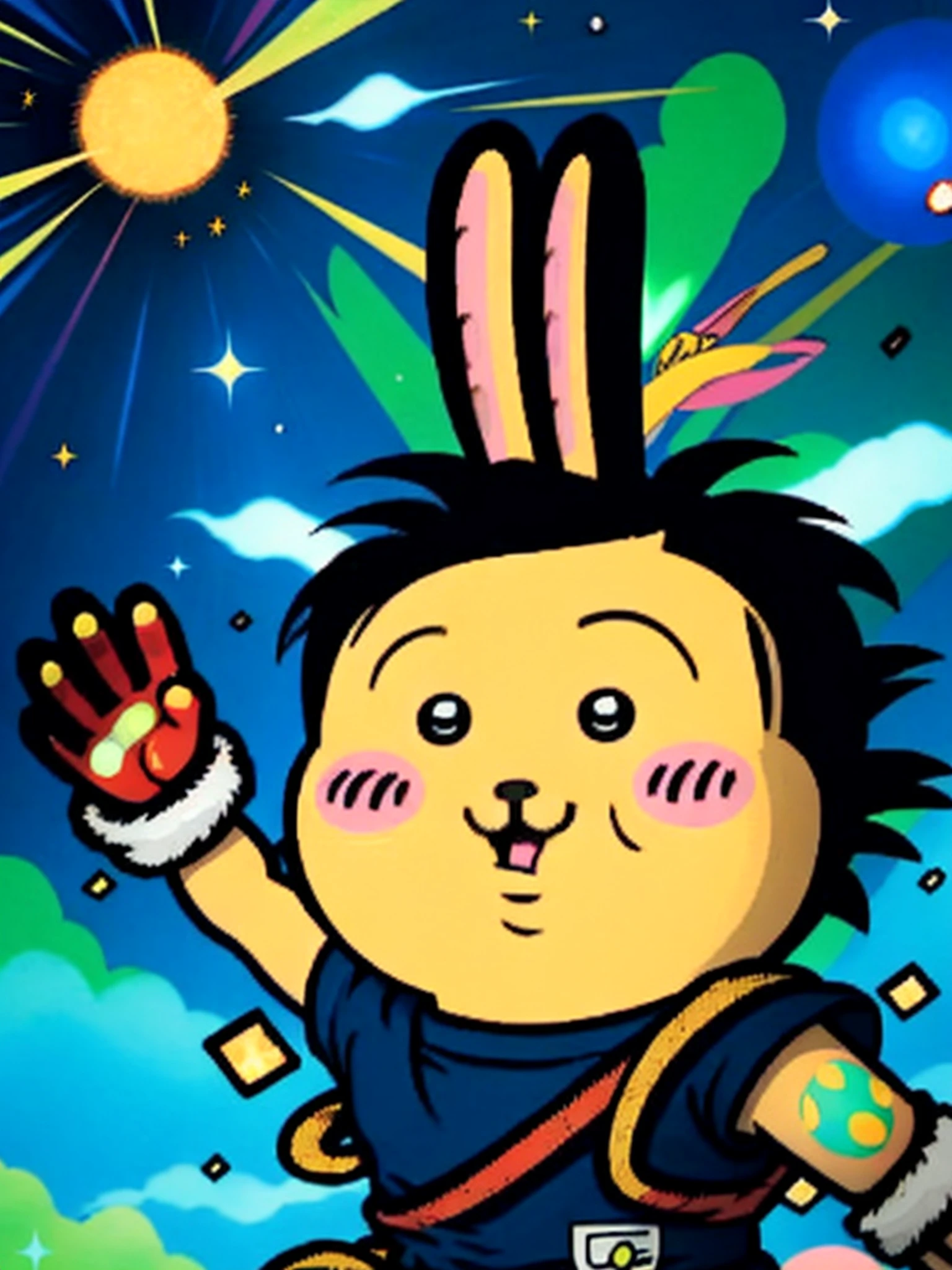 chiikawa\(a\), solo, :3,backlit, hands up, light particles, watch viewer, male focus, smile, solo upper body, wristband, ((masterpiece)), Akira Toriyama, in the style of Akira Toriyama, Dragon Ball Z